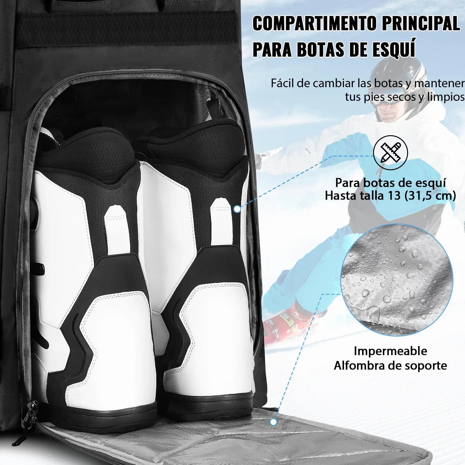 YOREPEK Mochila Bolsa Botas Esqui 65L Impermeable Casco Snowboard Negro