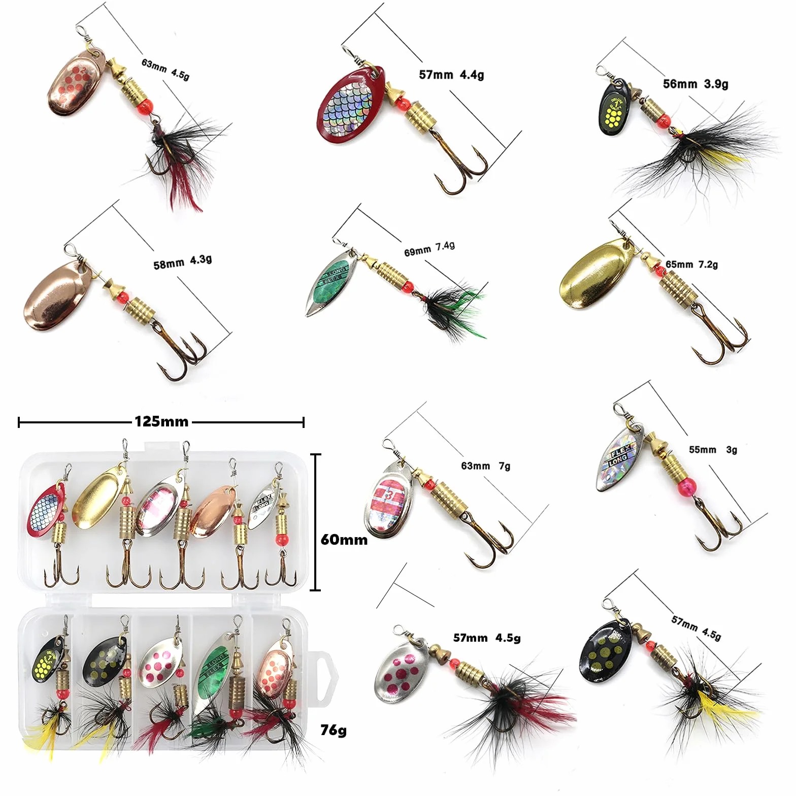 Señuelos Pesca Artificial 10 Piezas Kit Metal Cucharillas con Ganchos Caja Trucha Perca Lucio Salmón Bass