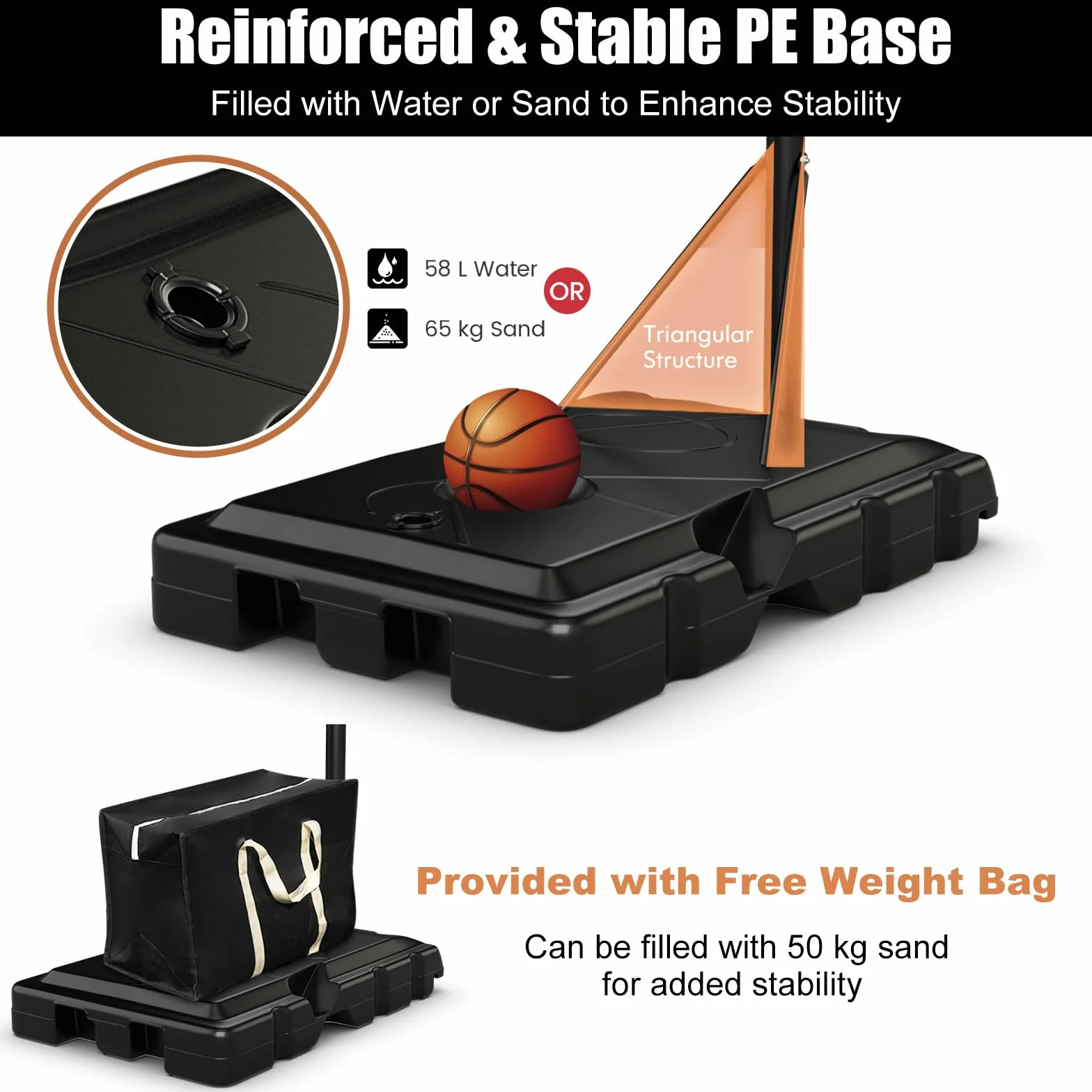 Canasta de Baloncesto Ajustable 143-305 cm con Ruedas y Base Rellenable