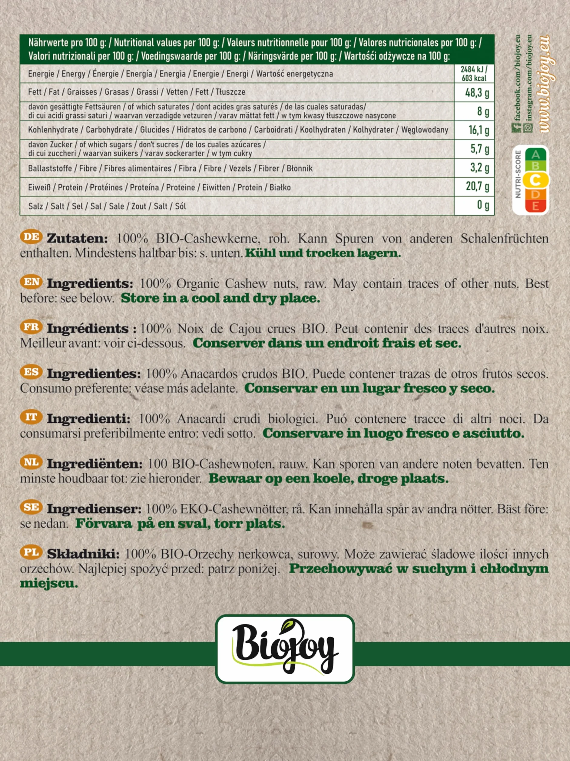 Biojoy Anacardos Crudos Ecológicos 1 kg Naturales Enteras