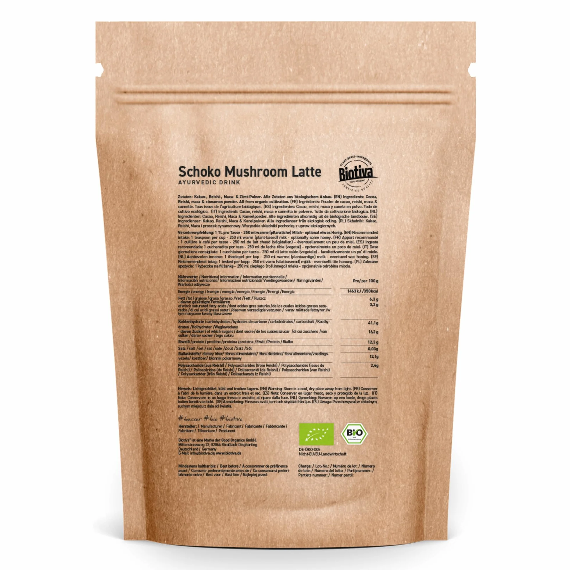 Biotiva Choco Mushroom Latte orgánico 100g - bebida con chocolate y hongos - embotellado y controlado en Alemania