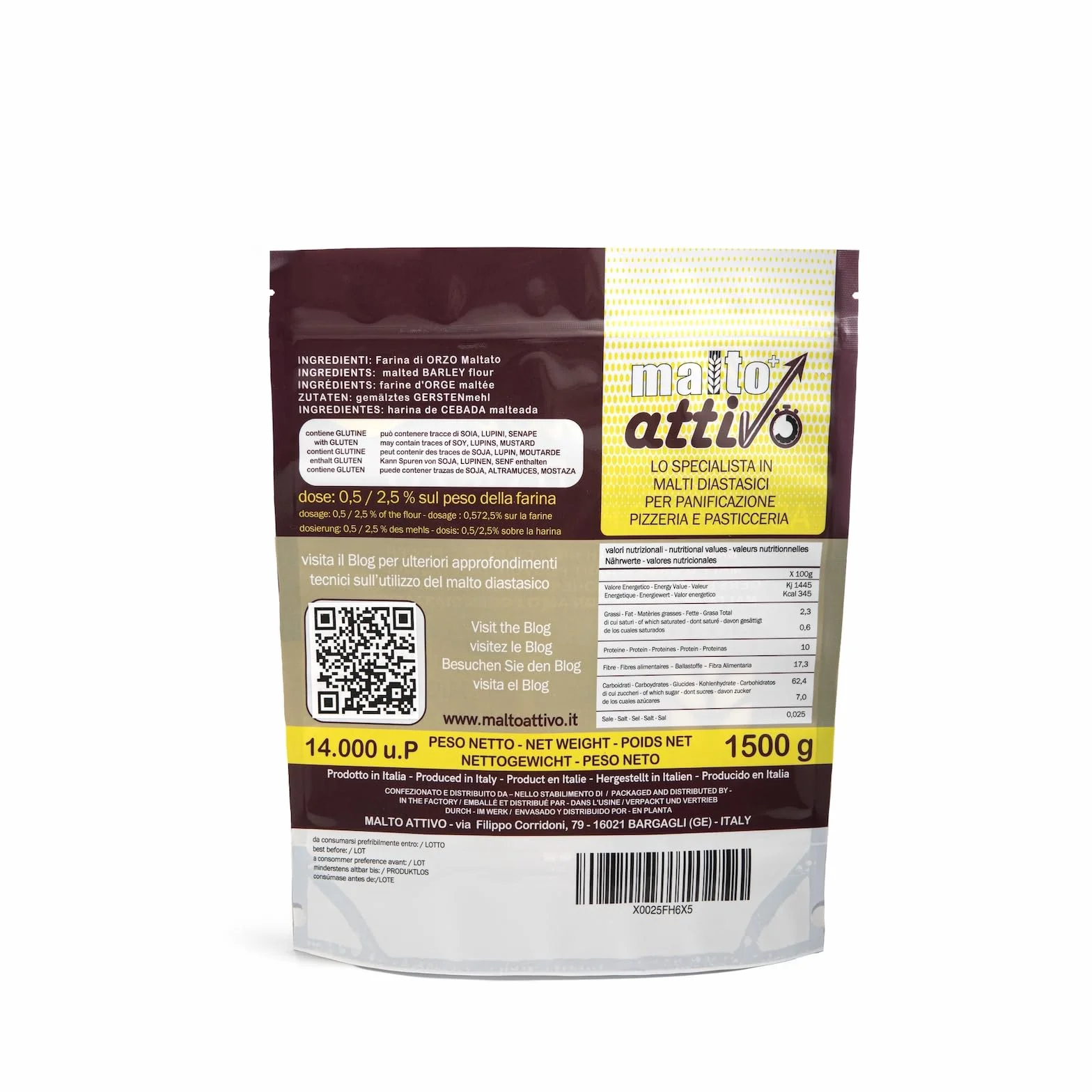 Malto Attivo Powder 1.5 kg Harina de Malta de Cebada Diastásica para Panificación 14.000 Unidades Pollak Made in Italy