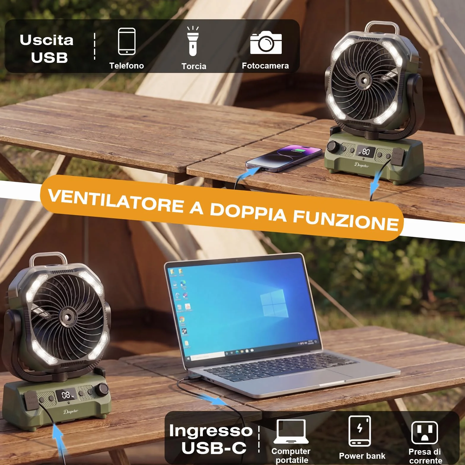 Ventilador Camping Portátil con Nebulizador y Luz LED, batería recargable, Temporizador, Rotación 270°, Gancho Colgante, Verde