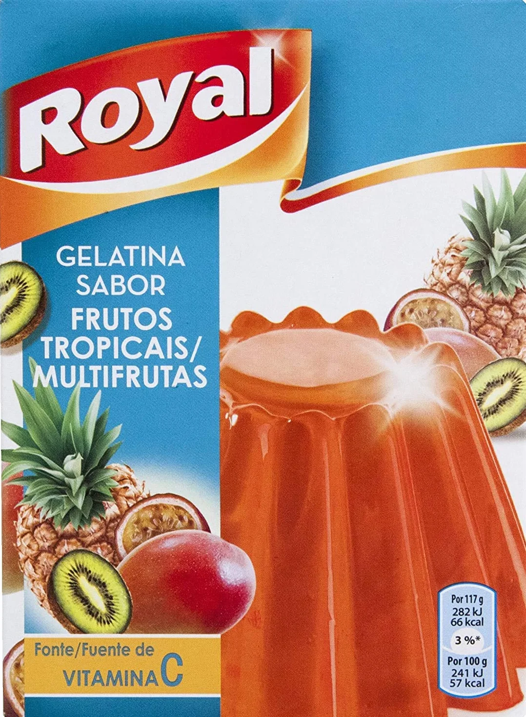 Royal, Gelatina Sabor Tropical, menos 30% azucar, 2 x 57g, total 114g
