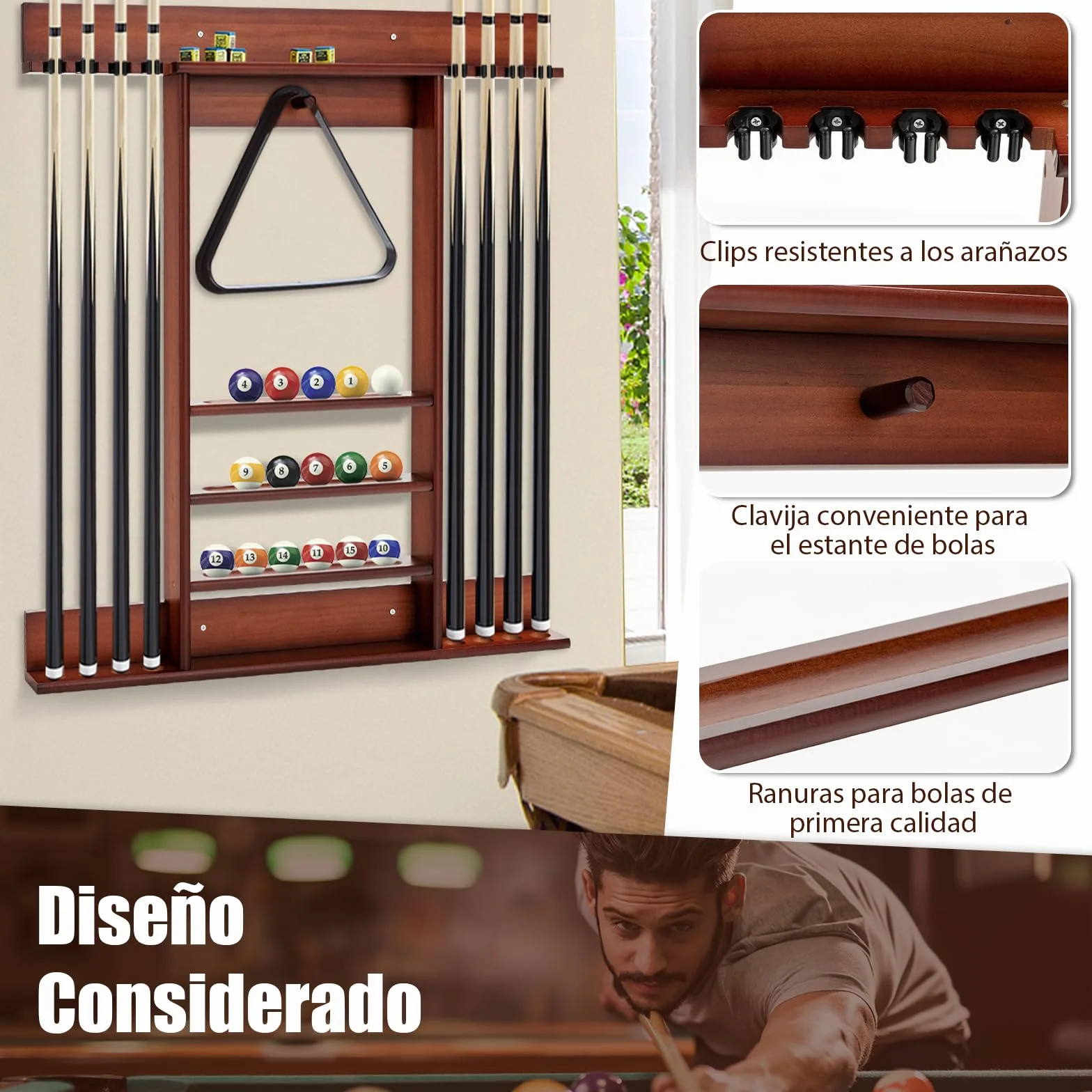 GOPLUS Soporte para Tacos de Billar de Madera de Pino, 8 Tacos, 15 Bolas y Accesorios, Taquera de Pared Marrón