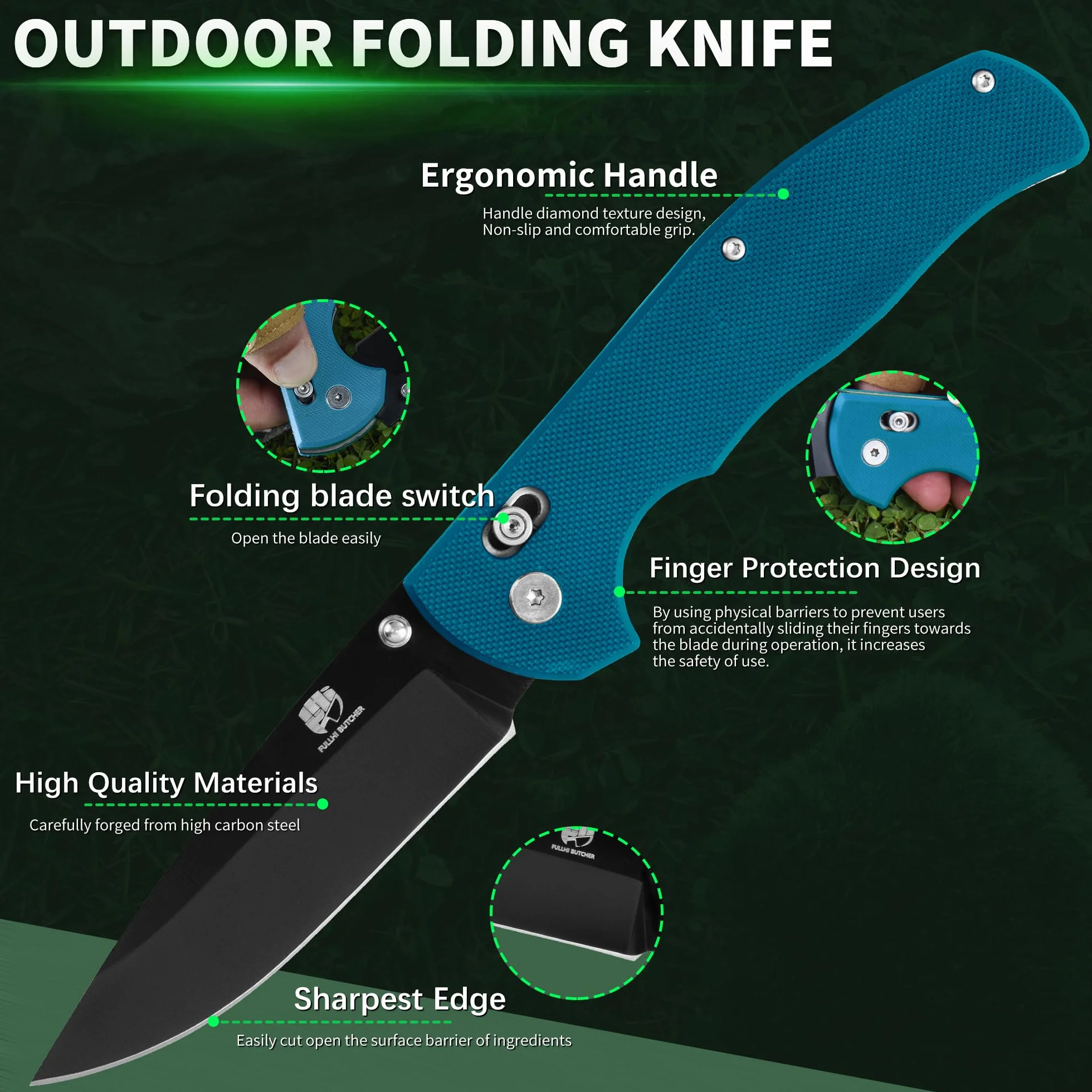 FULLHI Navaja de Bolsillo Plegable G10 con Mosquetón Clip para Camping Supervivencia Senderismo Cuchillos (Azul-negro)