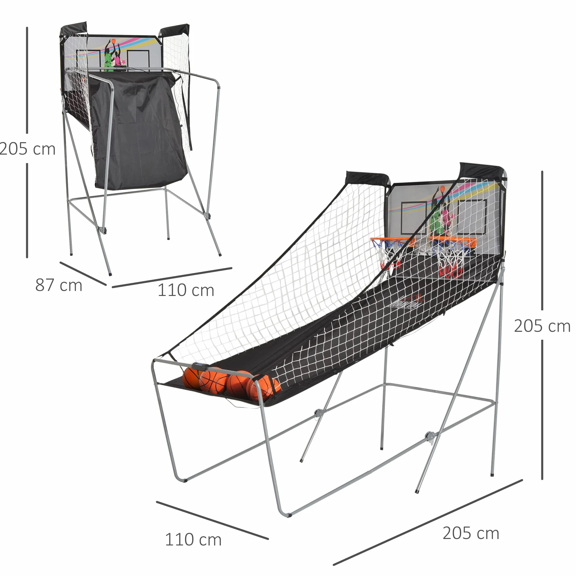 HOMCOM Juego de Canastas Plegable, Máquina de Baloncesto con Contador y Marcador Electrónico, Acero, 205x110x205 cm