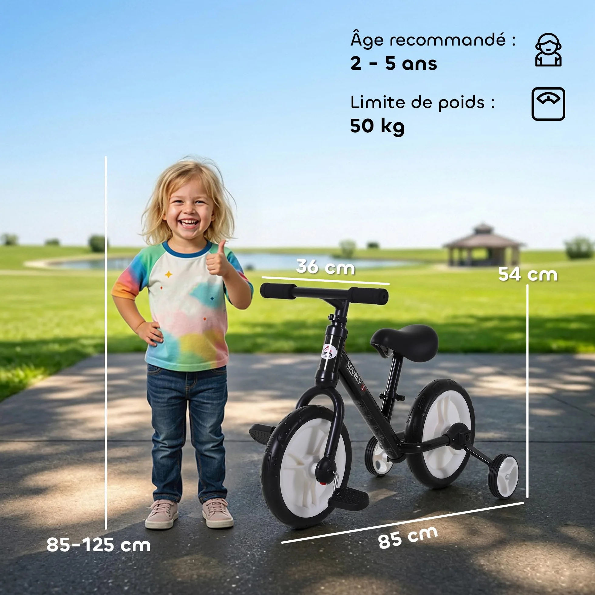 HOMCOM Bicicleta Infantil 12 Pulgadas Ruedas Pedales Extraíbles Altura Regulable Acero para Niños 2-5 Años