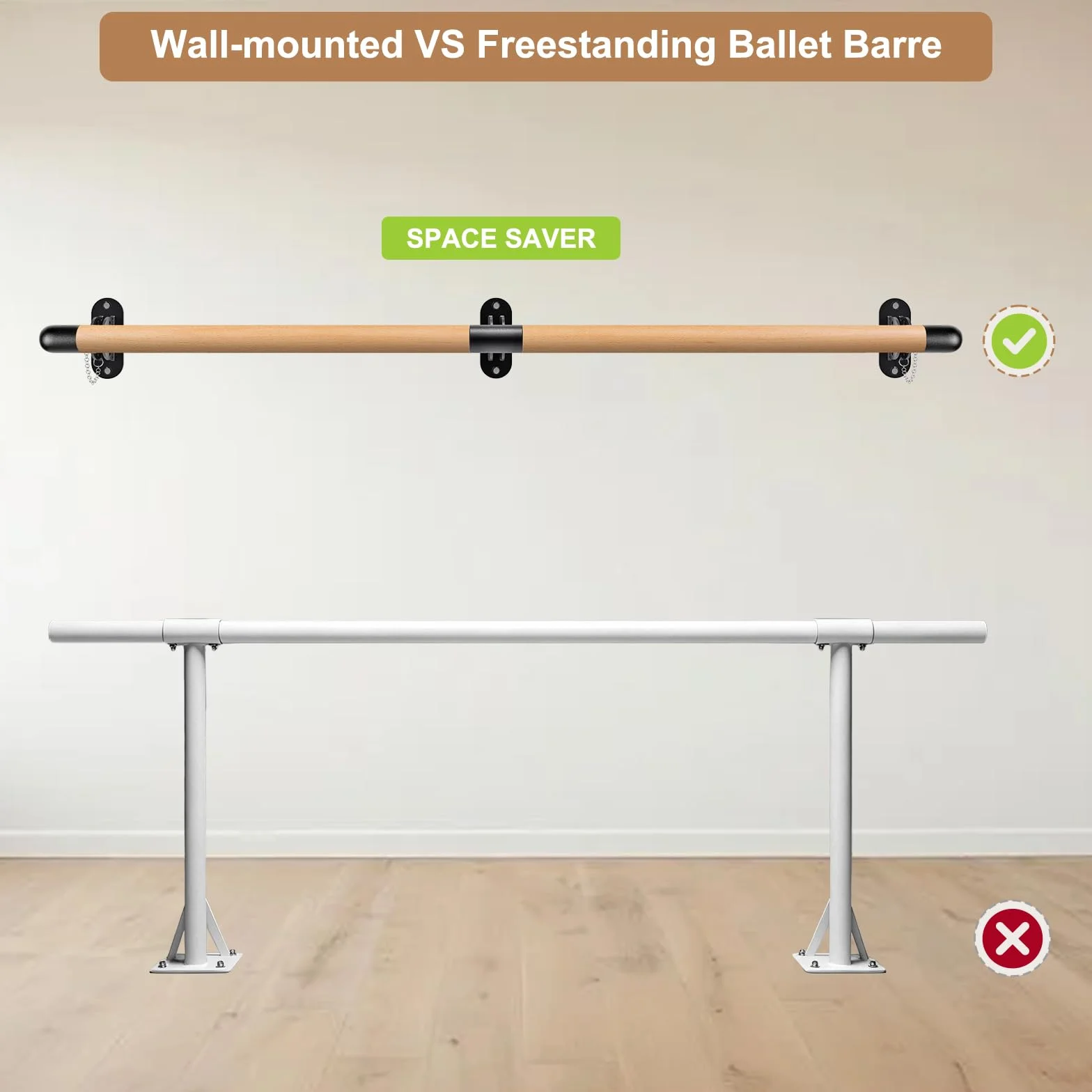 Dolibest Barra de Ballet de Madera 170 cm Ajustable Montaje en Pared 90-250 cm