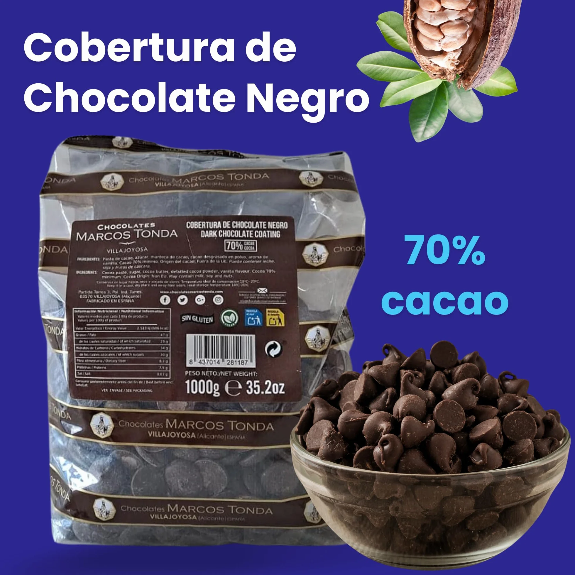 Marcos Tonda Pepitas De Chocolate Negro 70% 1000g Chocolate Chips Originales