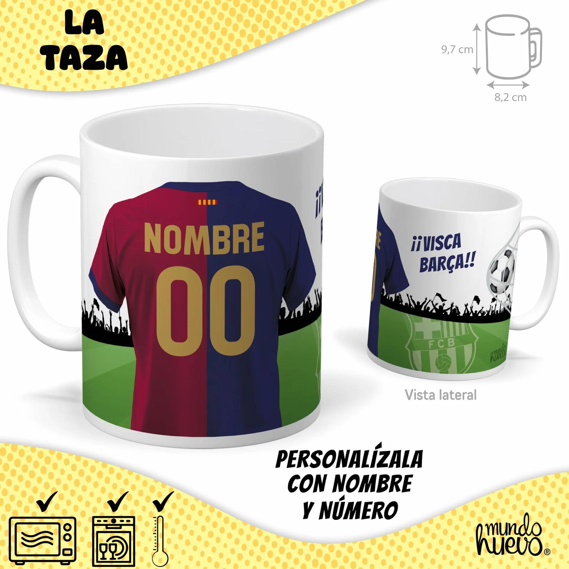 Mundohuevo Taza personalizada con nombre y número fútbol Barcelona + Caramelos divertidos Pack regalo personalizado para aficionados
