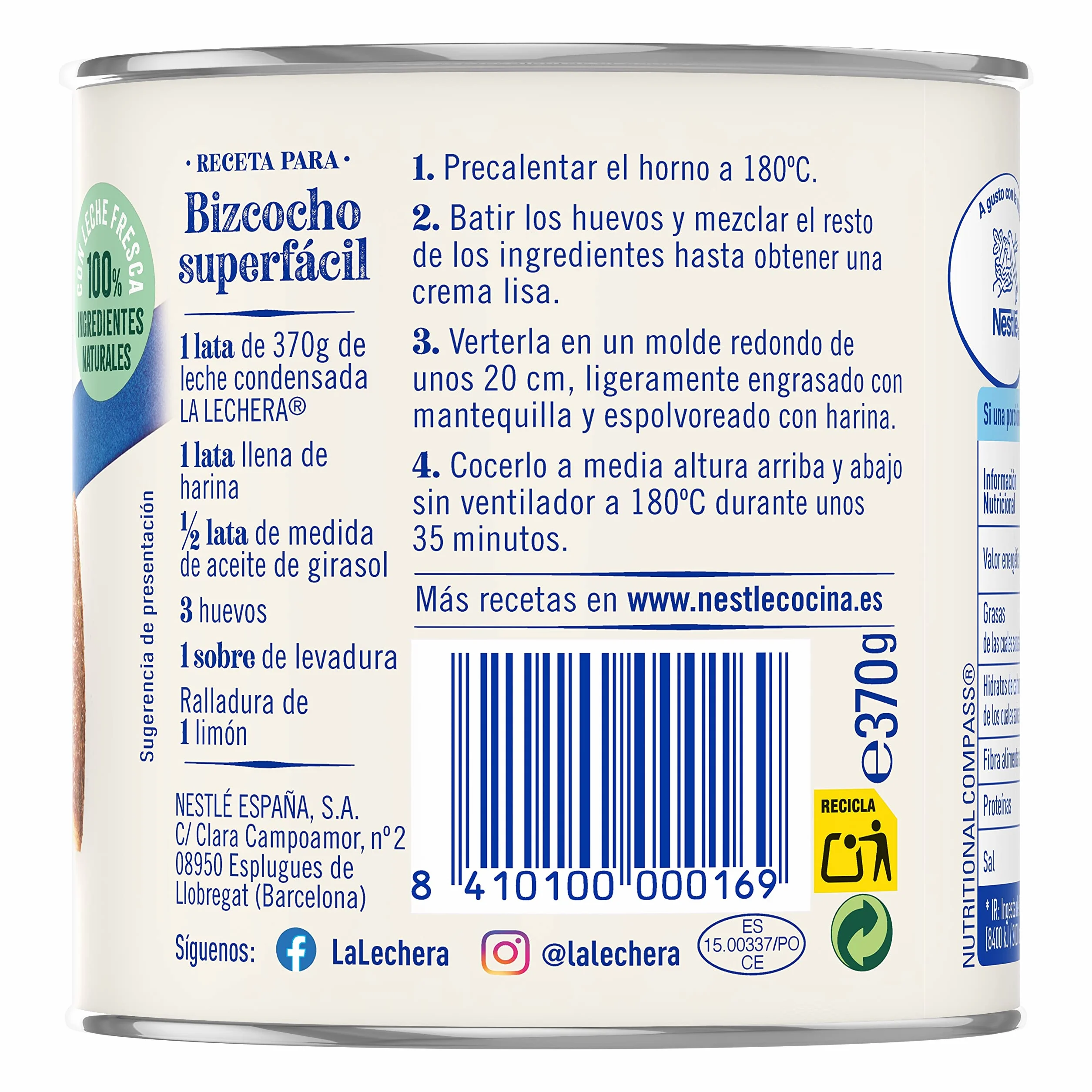 La Lechera Lata de leche condensada entera con abre fácil, 370 g (Paquete de 12)
