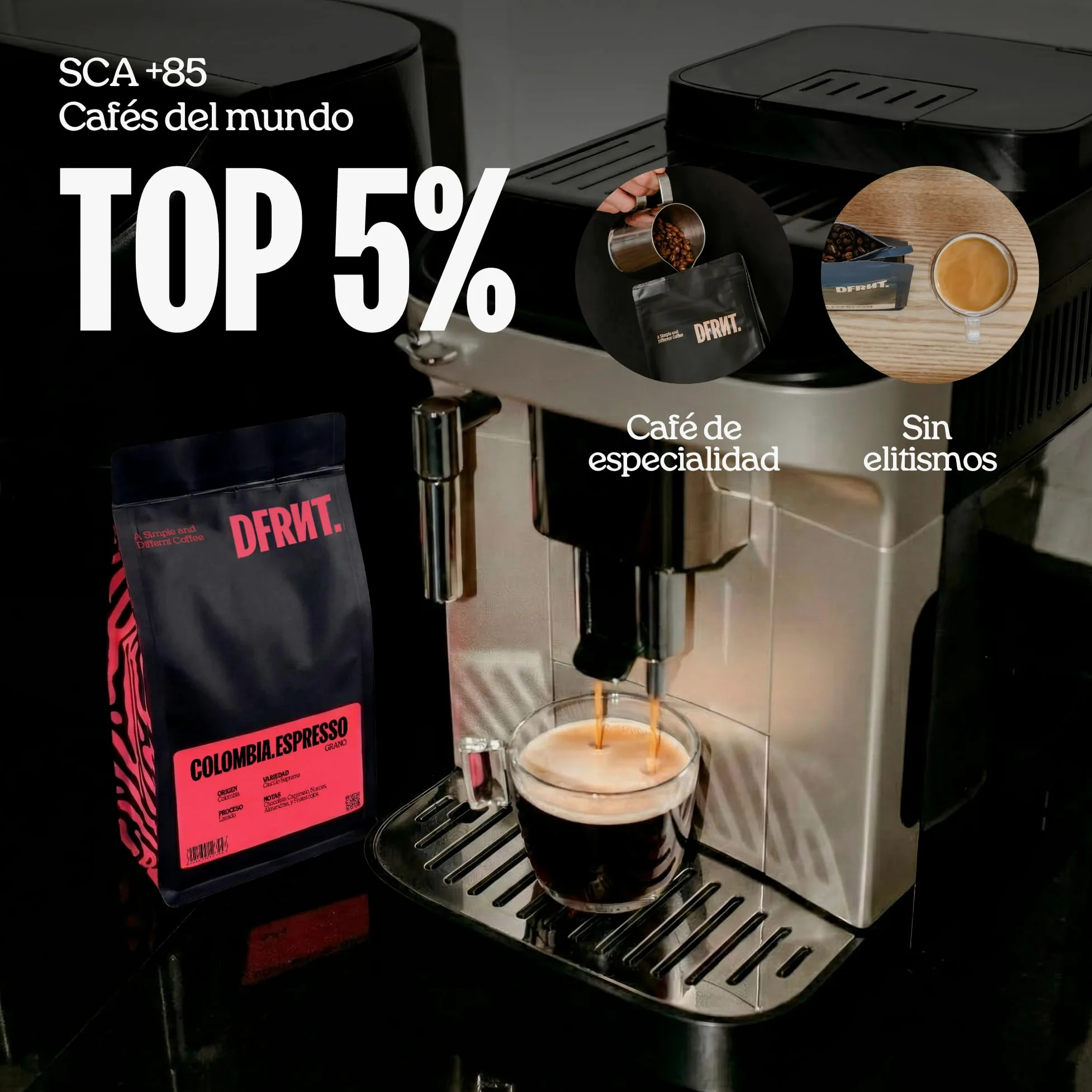 DFRNT. Colombia Espresso 1 kg – Café de Especialidad en Grano (88 Puntos SCA) – Specialty Coffee Beans 100% Arábica – Notas Chocolate y Caramelo – Ideal para Espresso – Tueste Reciente en España