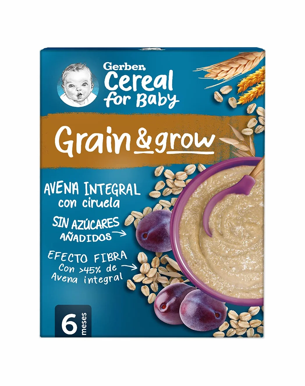 GERBER Avena Integral con Ciruela, Papilla de Cereales para Bebés, Paquetes 9x250g, a partir de 6 meses