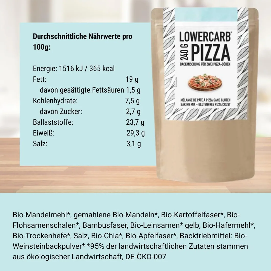 Mezcla de pizza baja en carbohidratos para 2 bases de pizza o 1 molde | 90% menos de carbohidratos | Sin gluten, 29 g de proteína vegana, con harina de almendras, cáscaras de psyllium y linaza, cetog