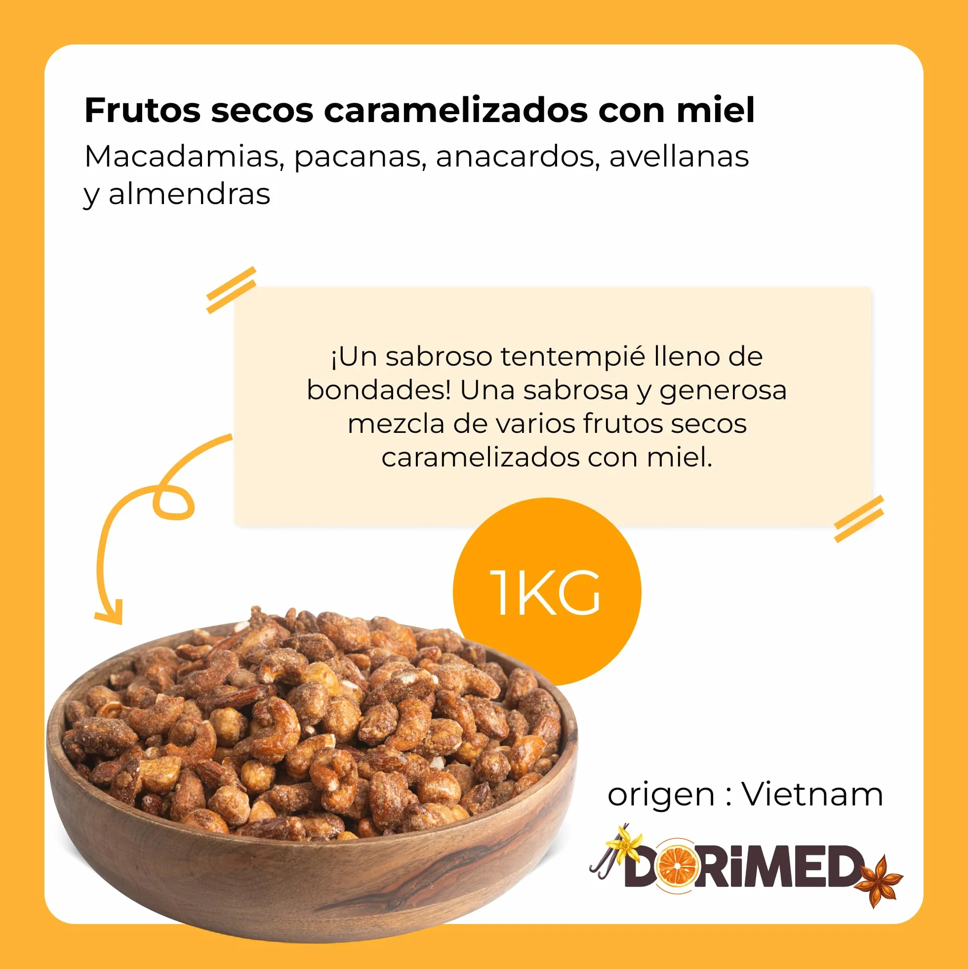 Mezcla de Frutos Secos 1Kg Caramelizadas con Miel Macadamia Pacanas Anacardos Avellanas Almendras Snack Dulce Sin OGM Sin Gluten Vegano