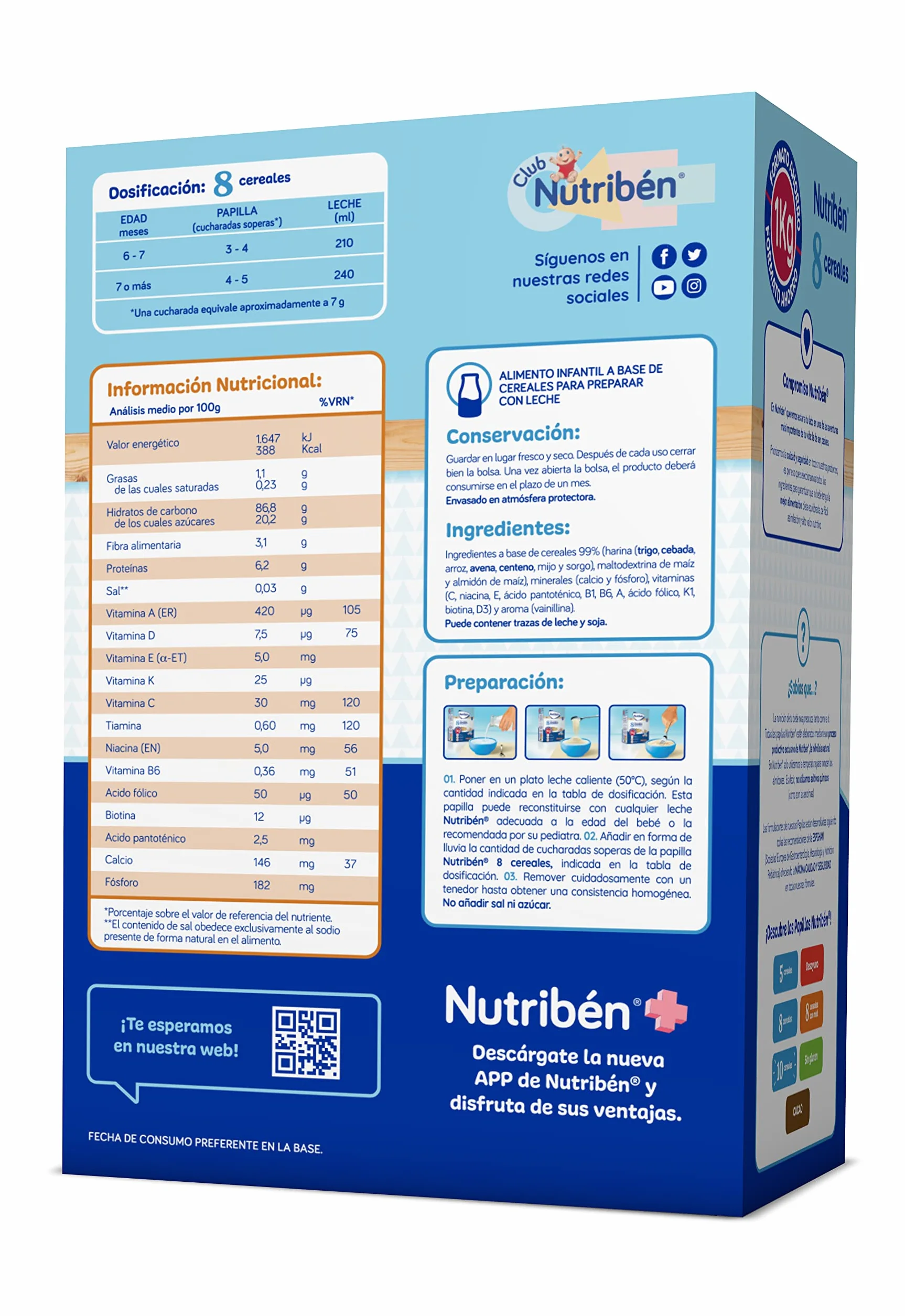 Nutribén | Papilla Instantánea 8 Cereales | 1kg | Sin azúcares añadidos | Sin Aceite de Palma