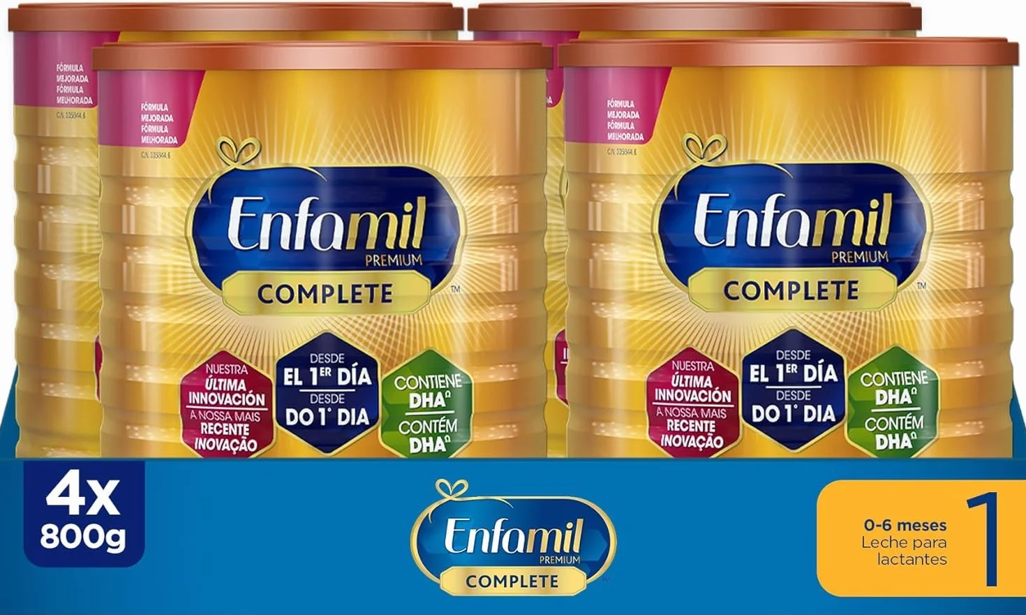 Enfamil Pack x4 Complete 1 Leche infantil para lactantes de 0 a 6 meses de edad, fórmula para bebés recién nacidos, Pack de 4 x 800 gr