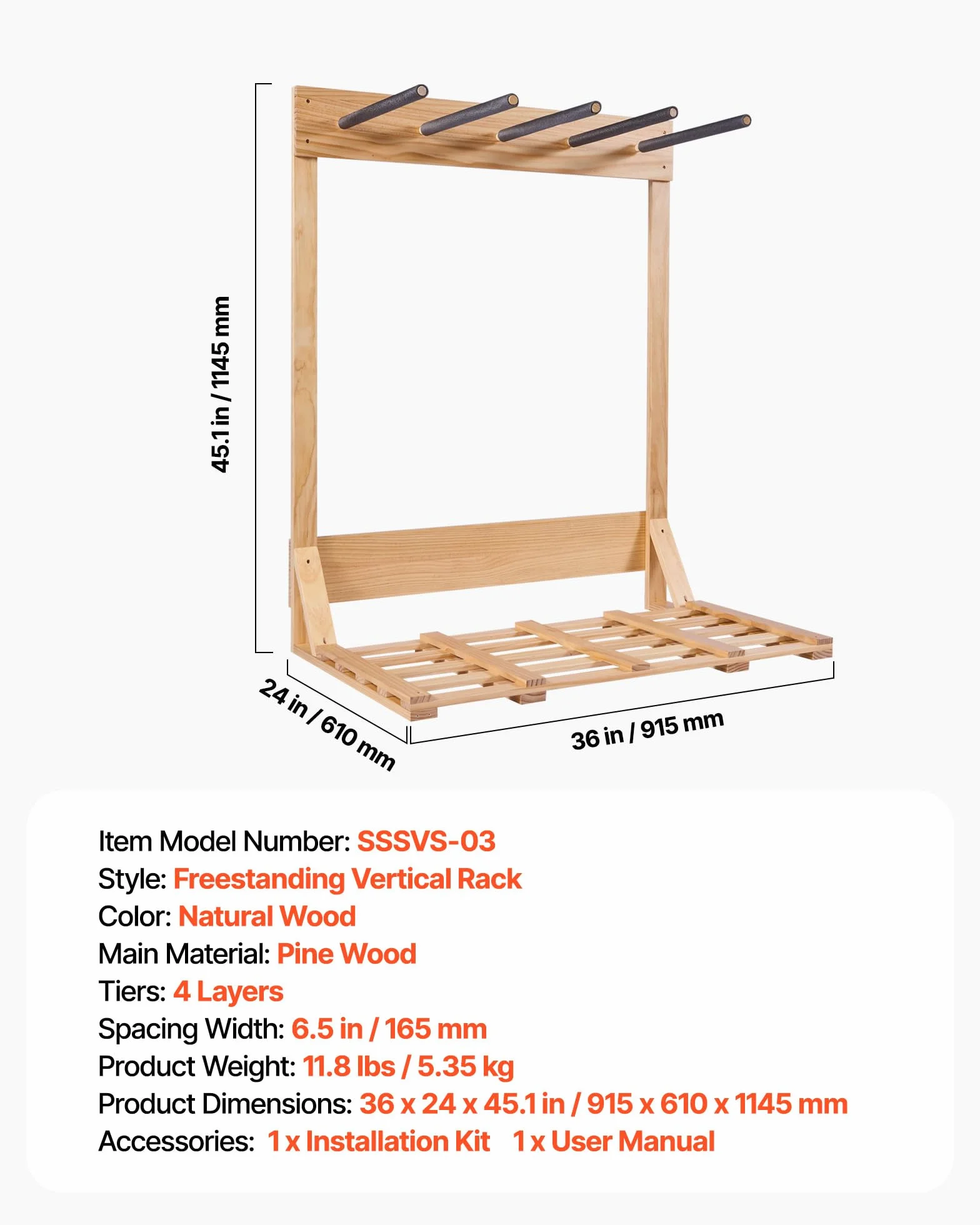 VEVOR Soporte Vertical para Tablas de Surf, Estante de Madera de 4 Niveles para Almacenamiento y Exhibición