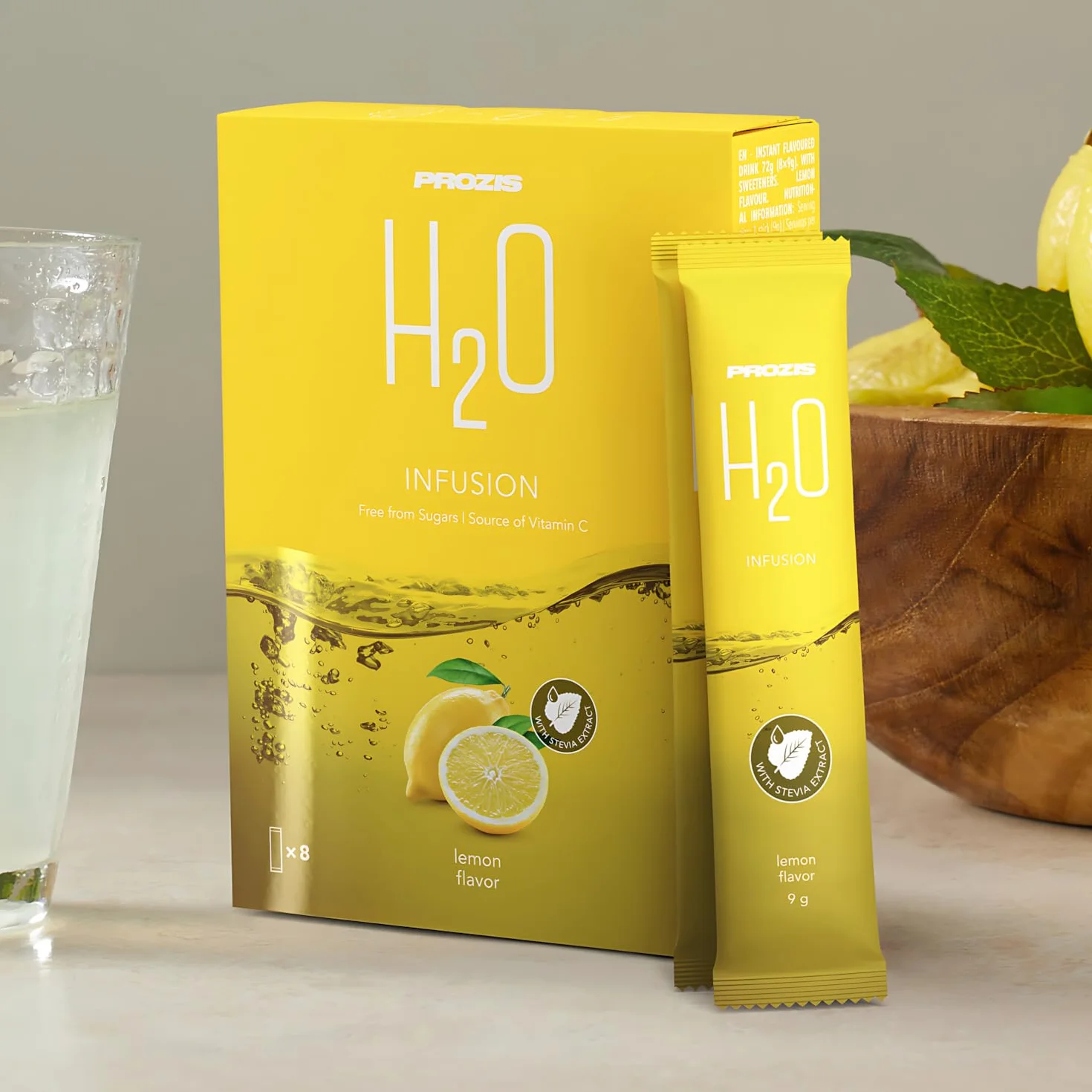 Prozis H2O 12 x 9 gr - Preparado instantáneo soluble para beber sin azúcares, muti sabores a elección (limonada fresca)