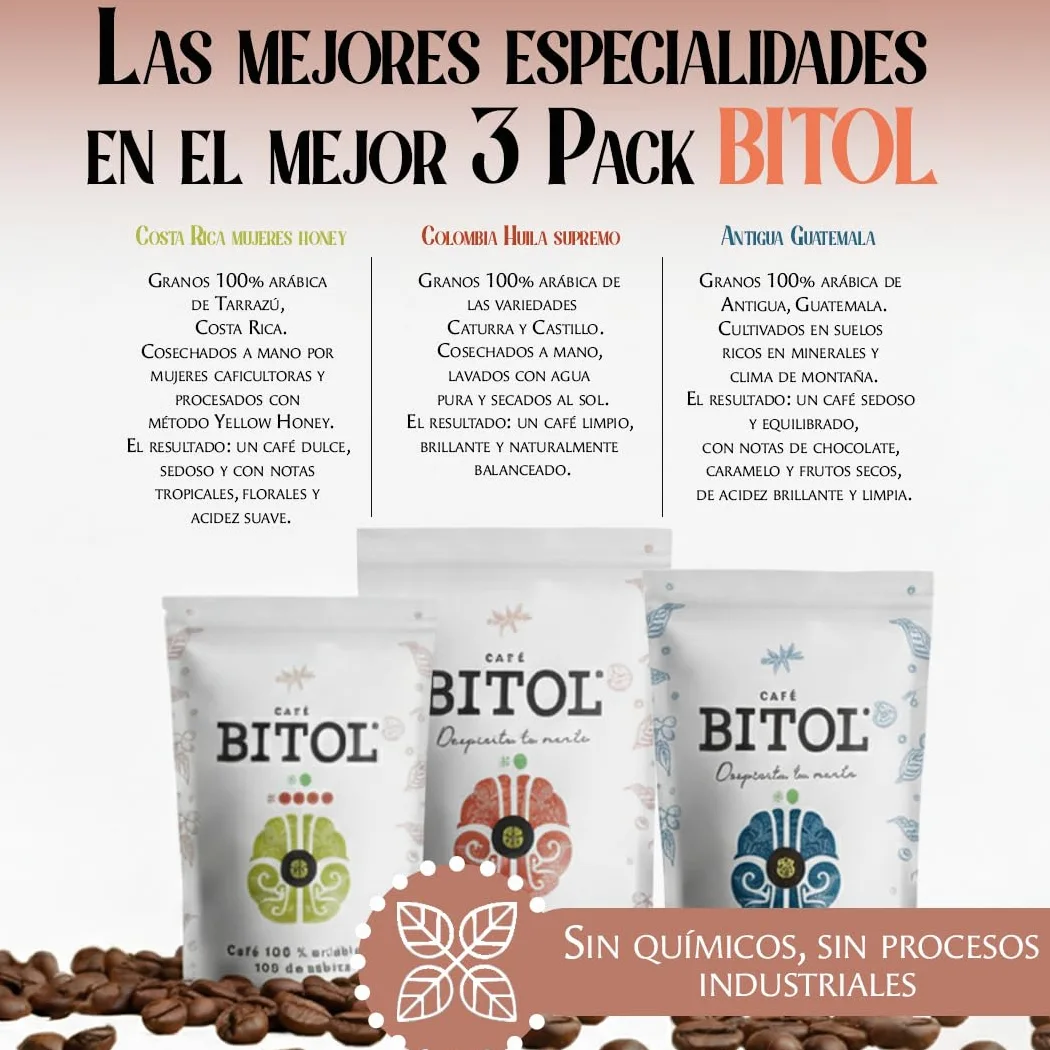 BITOL COFFEE | Pack de 3 Cafés de Especialidad en Grano Natural | Guatemala Antigua + Costa Rica Yellow Honey + Colombia Huila Supremo | Café Gourmet Tueste Medio | Arábica de Origen Único | 2500 gr