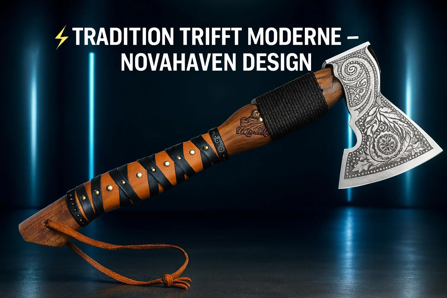 Novahaven Falkir Hacha de lujo forjada a mano acero inoxidable mango palo de rosa funda cuero camping vikingo bushcraft