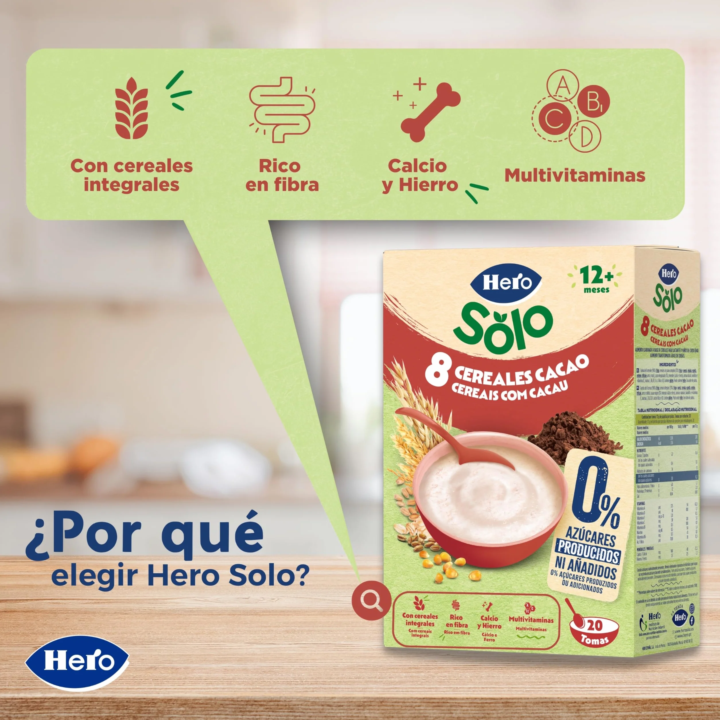 Hero Solo Papilla 8 Cereales con Cacao, Sin Azúcares Añadidos, Rica en Fibra y Vitaminas, Sabor Natural para Bebés, a partir de 12 meses
