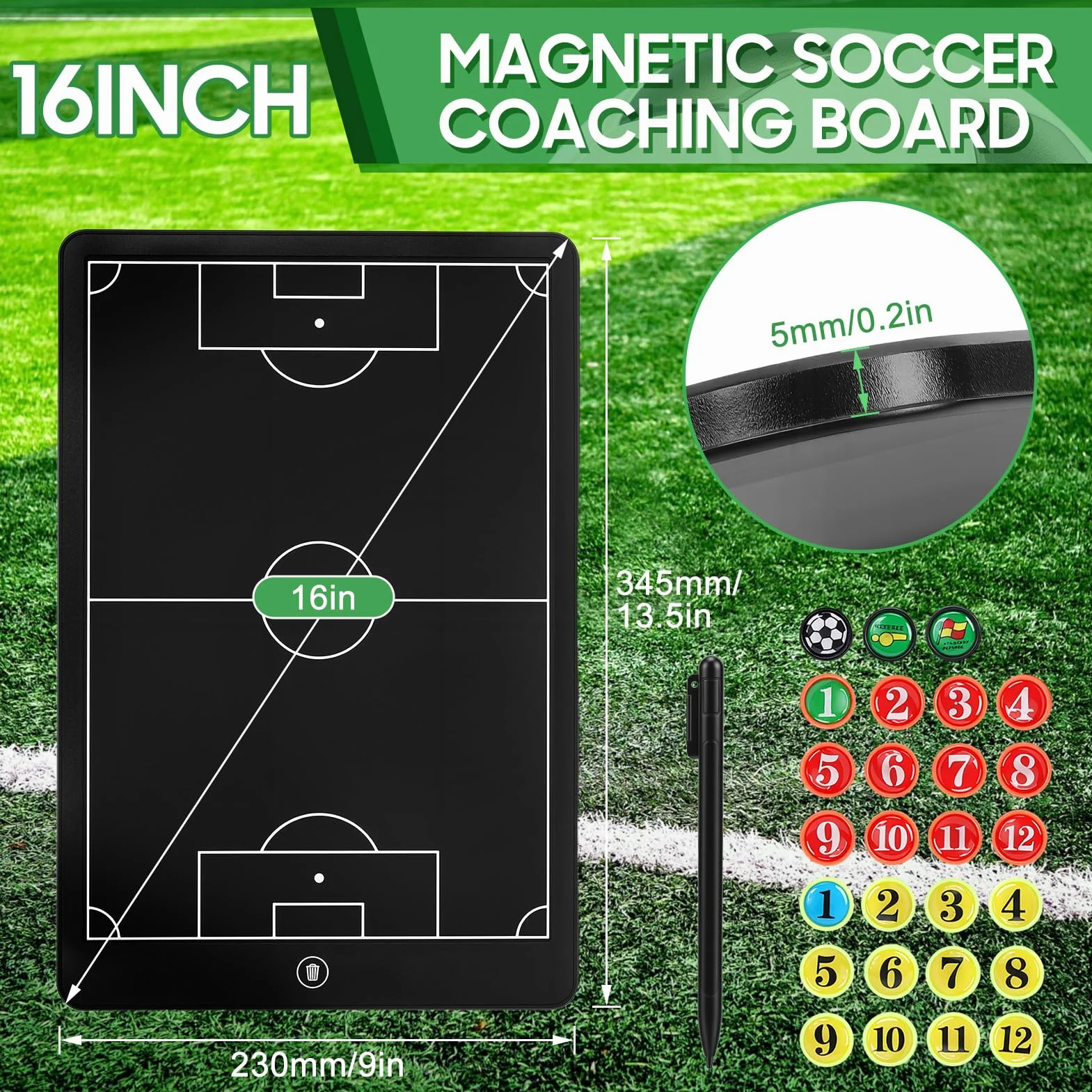 Tablero de tácticas LCD 16 pulgadas fútbol, electrónico mejorado, bloc escritura táctico magnético marco ABS, impermeable resistente caídas con bolígrafo