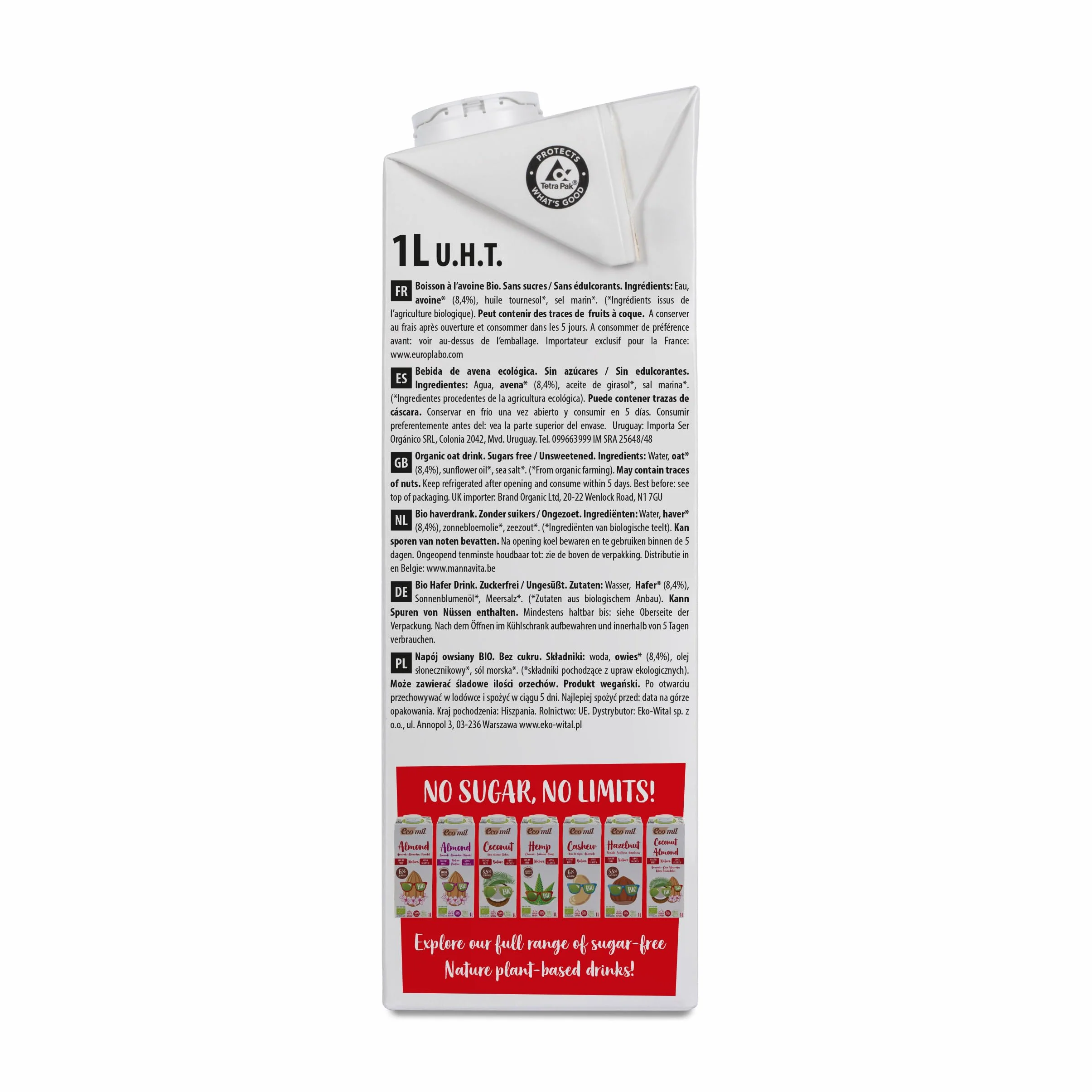 Ecomil - Bebida de Avena Bio 1 L, Sin Azúcares Añadidos ni Edulcorantes, 100% Vegetal, Sin Lactosa, Alternativa a la Leche de Vaca, Ideal para Café, Desayunos y Recetas Saludables