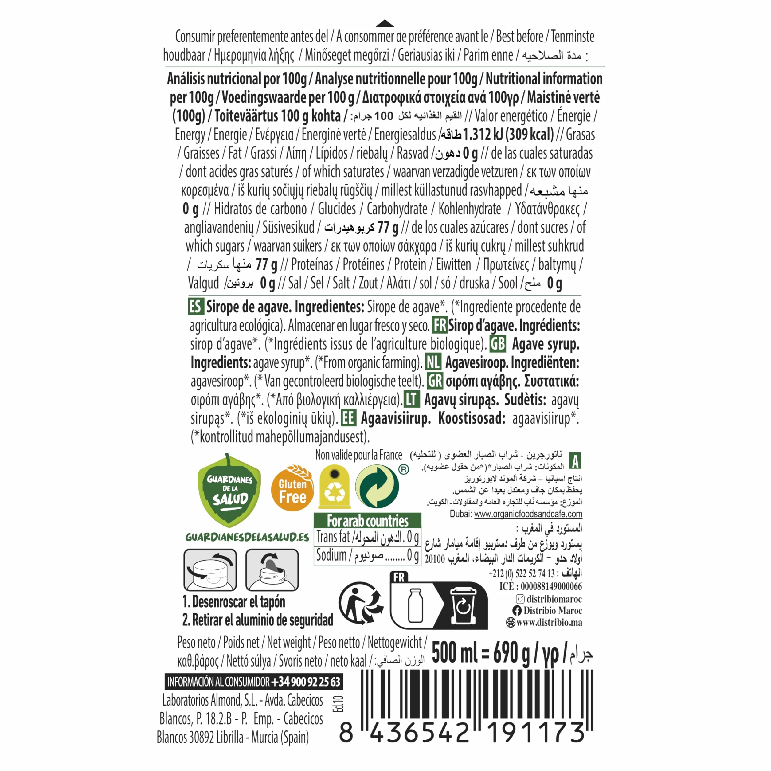 Sirope Agave crudo Ecológico Bio, Endulzante Natural, Pack 7 Unidades 500ml/690g