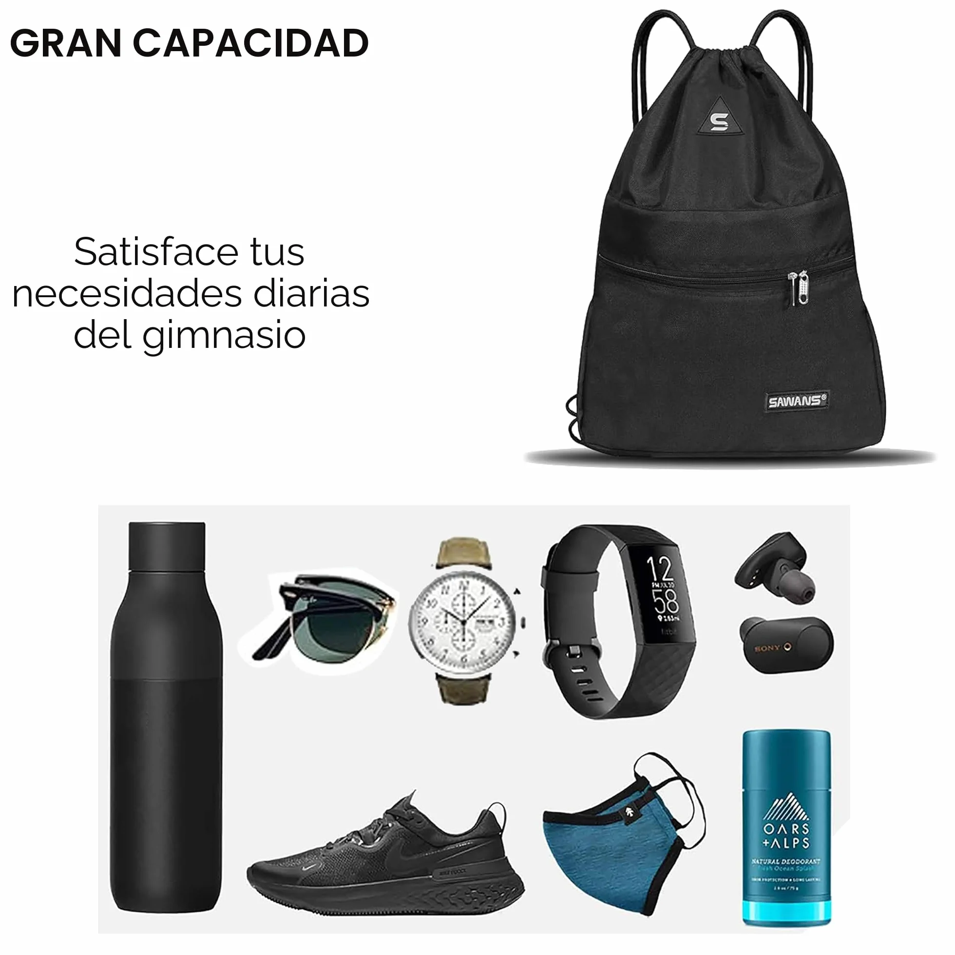 SAWANS Bolsa deportiva de gimnasio impermeable con cordón y bolsillo, kit de viaje para senderismo escuela estudiantes, bolsa de polietileno al aire libre Negra