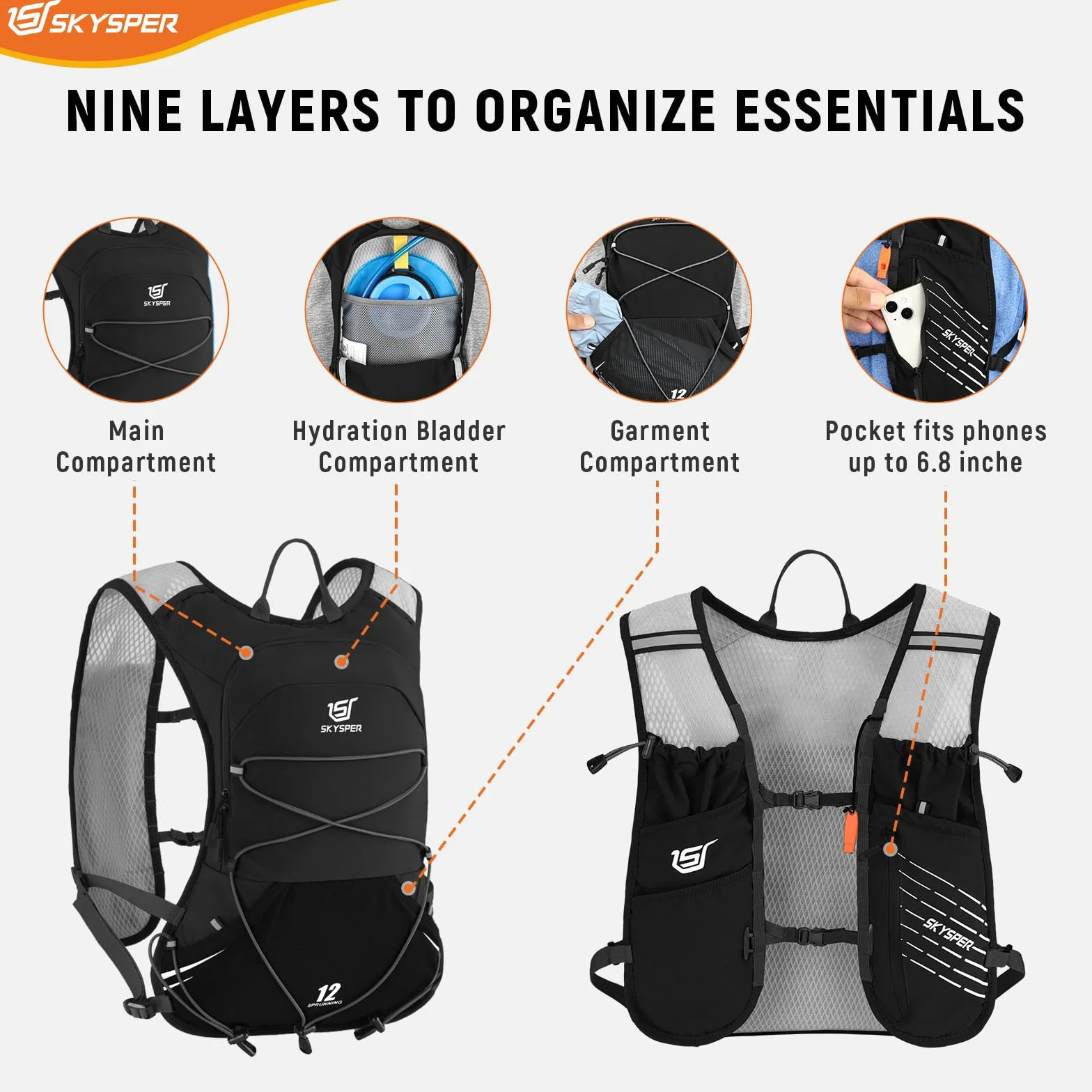 SKYSPER Chaleco de Hidratación Running 12L Ligero con 2 Botellas 500ML Reflectante para Trail Maratón