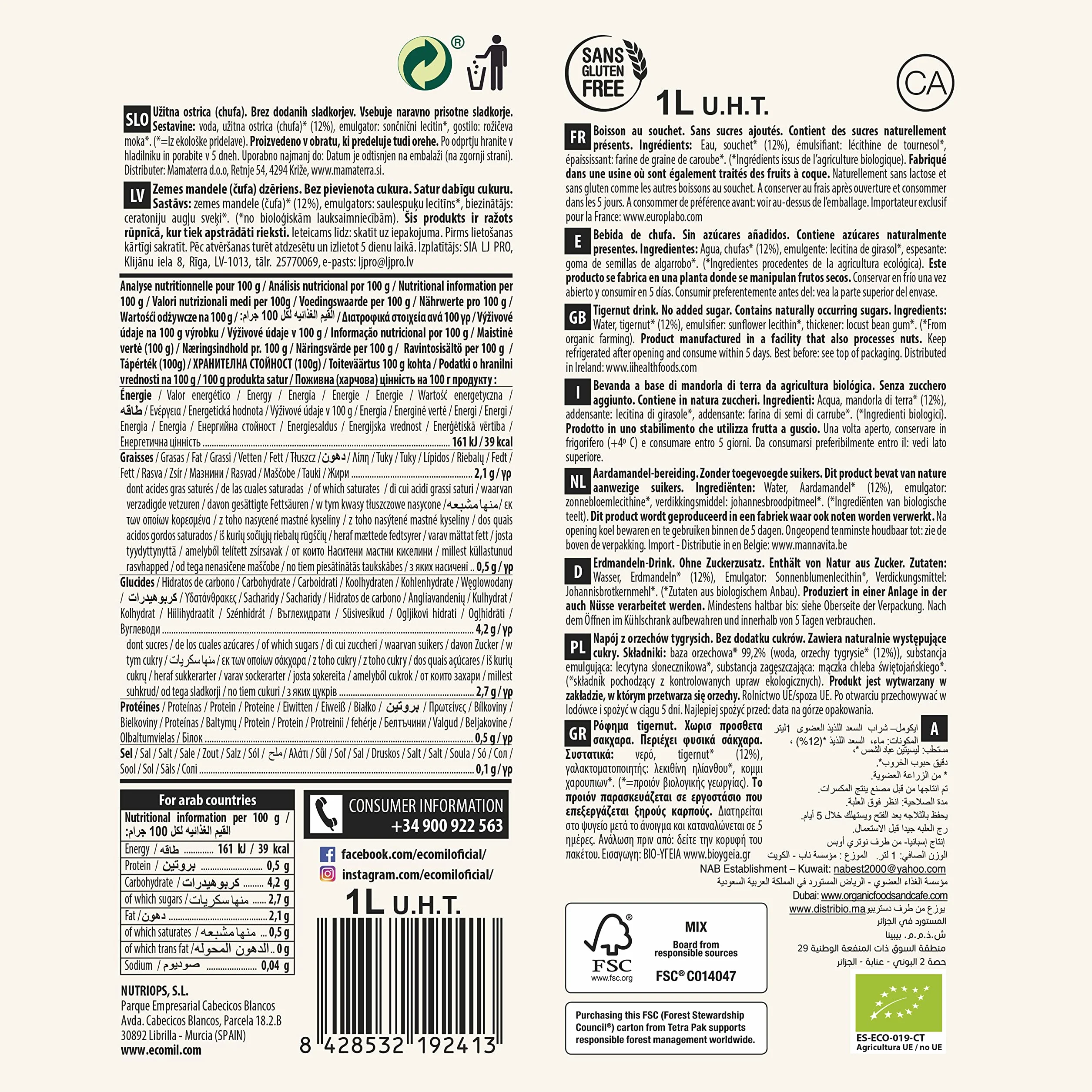 Ecomil - Bebida Vegetal de Chufa BIO, Sin Azúcares Añadidos, Vegano, Sin Lactosa, Sin Gluten - Pack 6 unidades de 1L