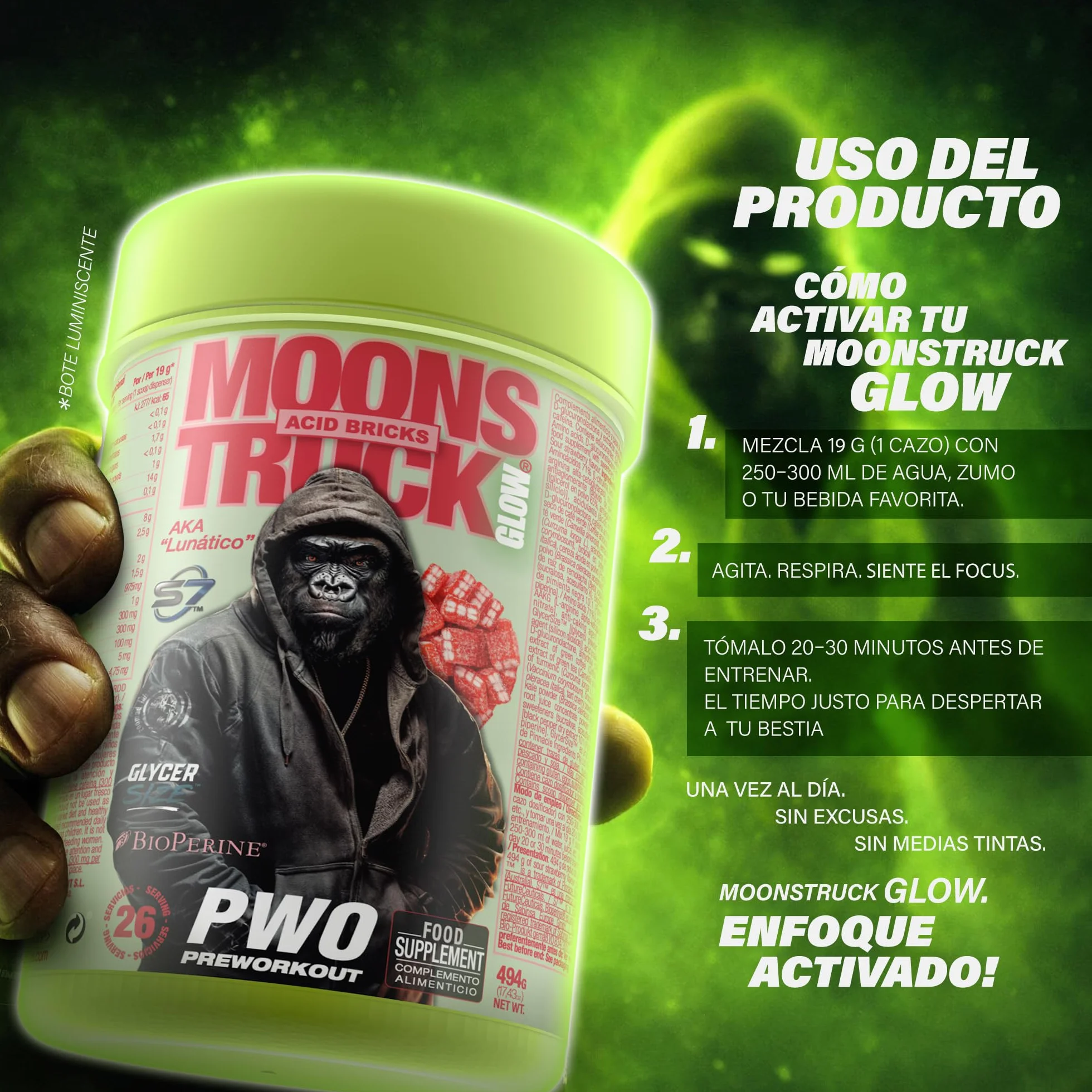 Pre Workout Moonstruck Glow Zoomad Labs 494g – Preentreno Premium para Gimnasio con Cafeína, Óxido Nítrico, Pump Extremo y Fuerza – Bote 3D Gorila Glow que Brilla - Fizzy Peachy
