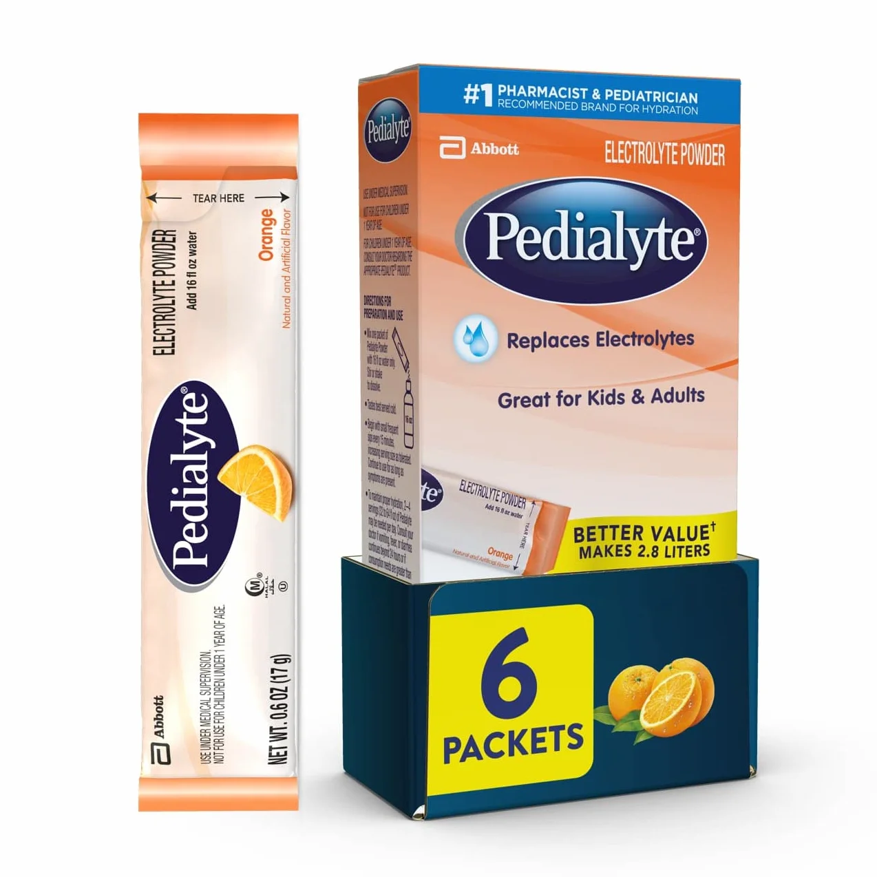 Pedialyte Large Powder Packs, Orange, .6 oz, 6 Count by Pedialyte