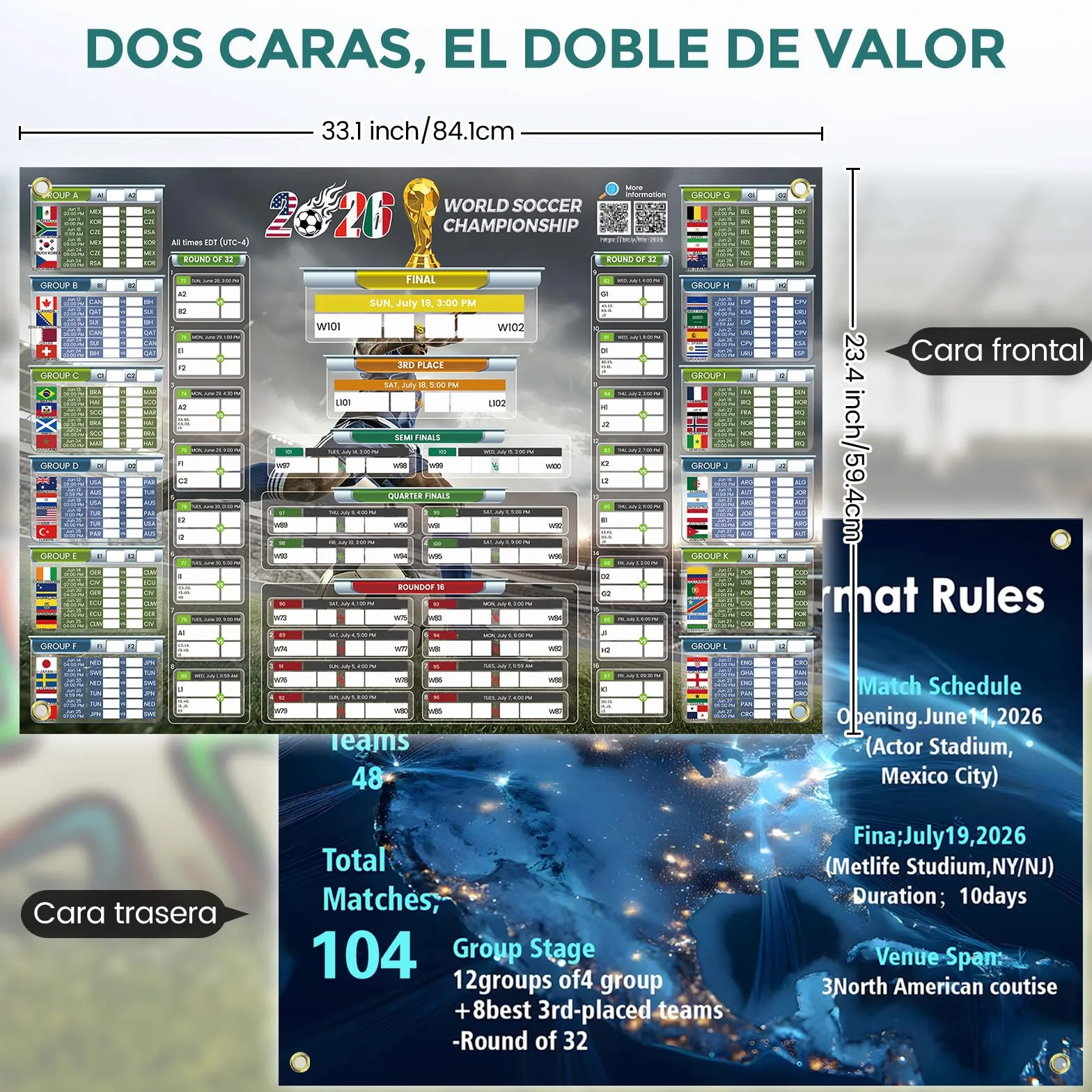 Póster Calendario Mundial 2026 Actualizado Código QR Resultados en Vivo 84.1x59.4 cm Formato Grande Letra Grande Regalo Día del Padre Hogar Bar Oficina UTC-4