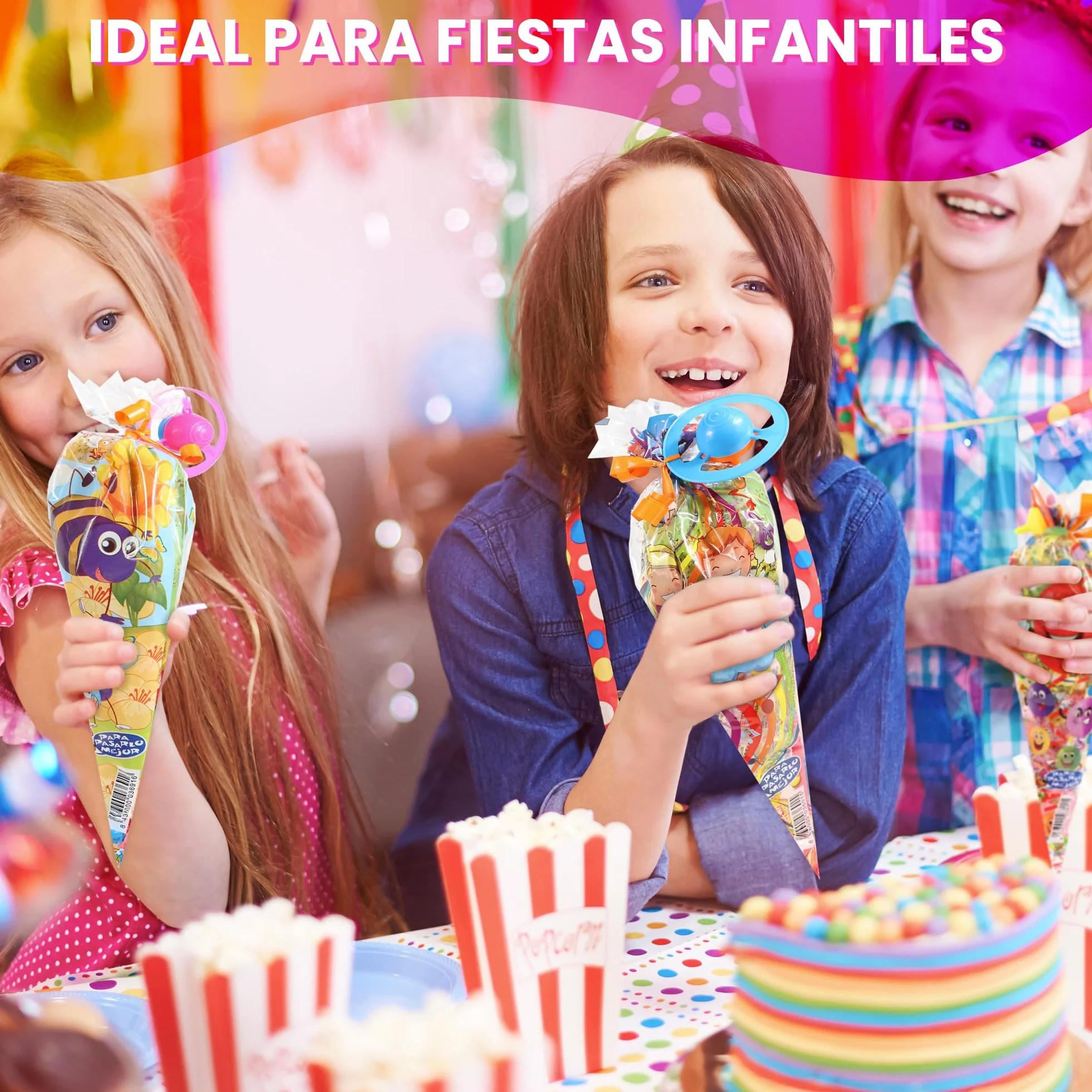 20 Conos Chuches Cumpleaños SIN GLUTEN - Bolsas Chuches Cumpleaños Rellenas - Cucuruchos Chucherías preparados para fiestas Infantiles - Cucuruchos rellenos de golosinas listos para regalar