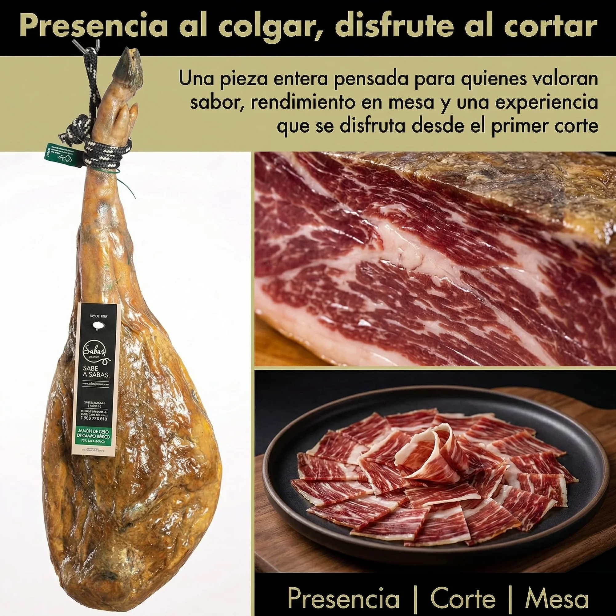 SABE A SABAS Jamón Ibérico de Cebo de Campo 75% Raza Ibérica Pieza Entera con Pata 7-8 kg Curación 36 Meses Sabor Intenso Gourmet Tradición Sevillana Selección Premium Regalo Navidad