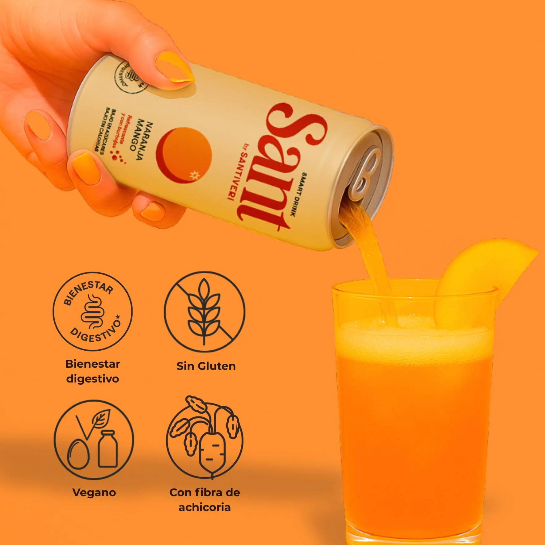 Santiveri - SANT Smart Drink, Bebida con Zumo Natural de Frutas y Fibra Prebiótica, Bajo en Calorías, Sin Azúcares, Ni Edulcorantes Artificiales - 12 Latas x 330 ml (Pack de 12, Naranja-Mango)