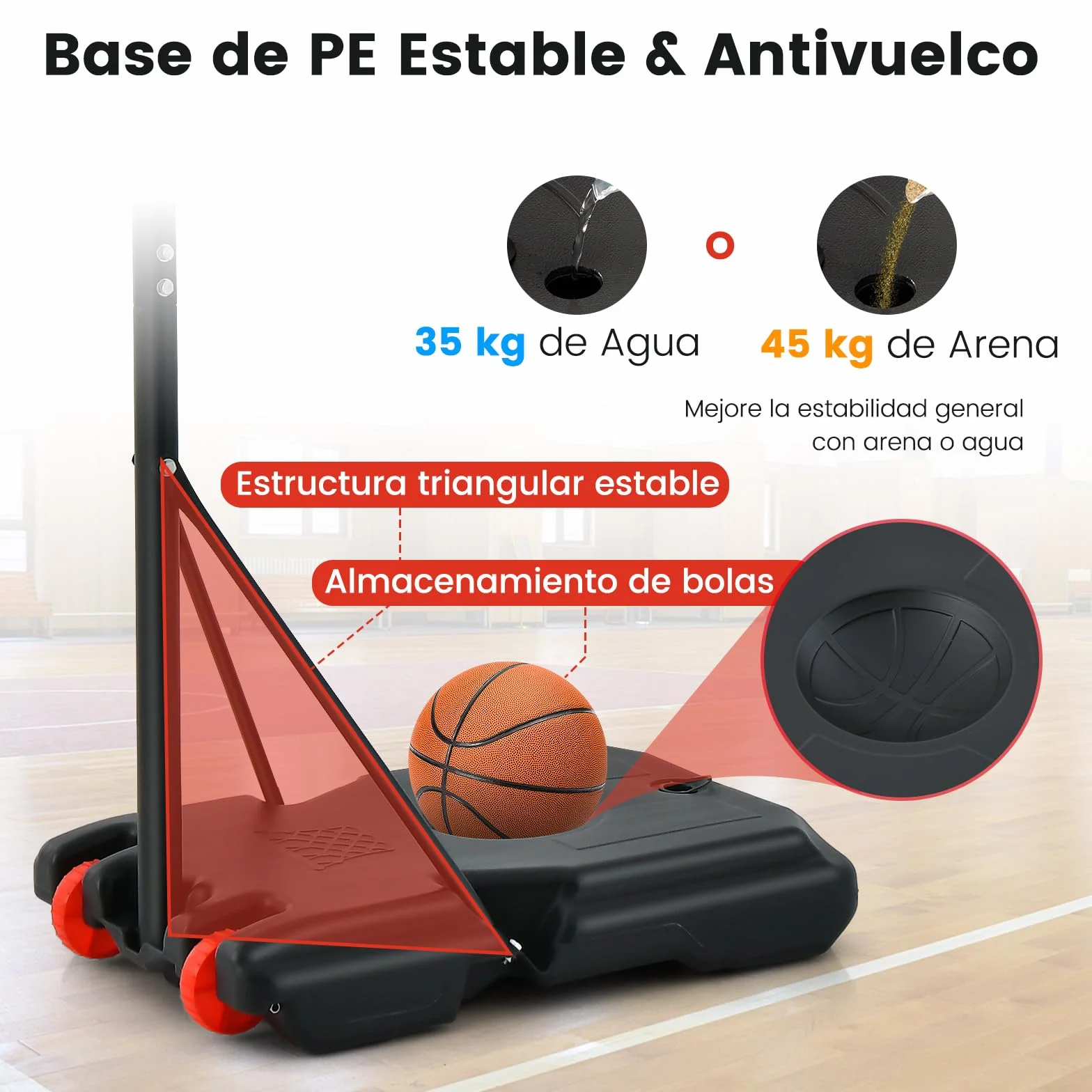 COSTWAY Canasta de Baloncesto Altura Ajustable 193-248 cm Rellenable de Arena y Agua Móvil con Ruedas Portátil PC Interior Exterior
