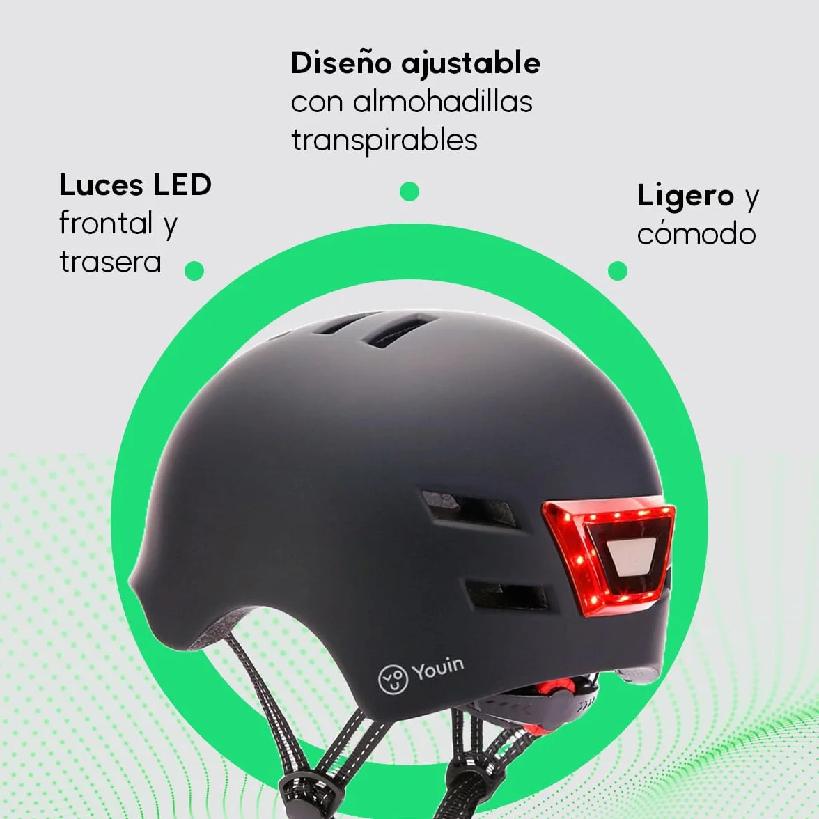 Youin Casco Homologado LED Frontal y Trasera Negro Talla M 52-58cm Protección Visibilidad Patinetes Bicicletas
