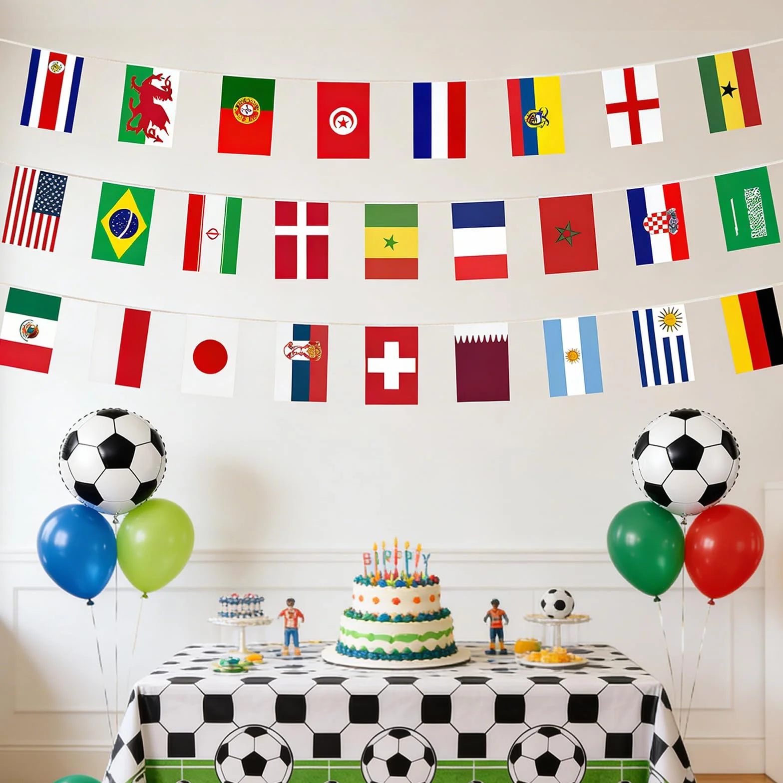 Banderines Mundial 2026, 2 paquetes de 32 banderines, 20 m, guirnalda decorativa de fútbol, impresión por ambos lados