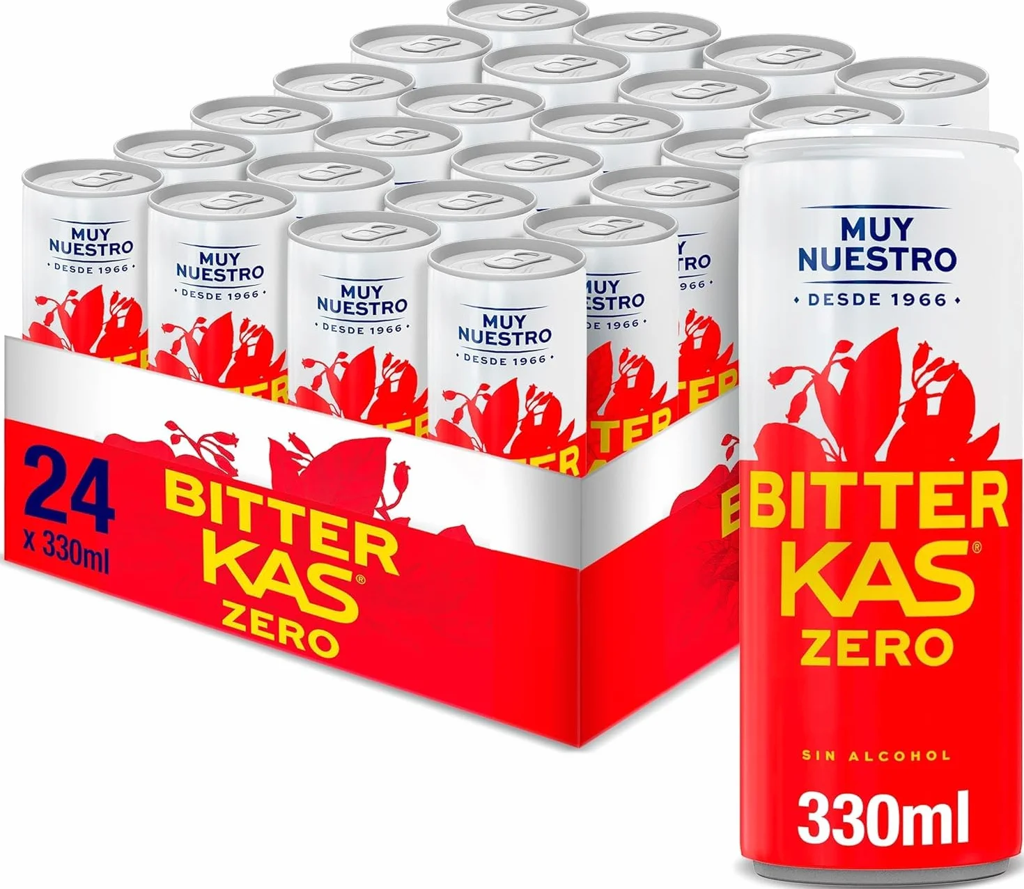 Bitter kas cero Refresco con sabor amargo sin alcohol,sin azúcares y sin calorías, pack de 24 latas de 330 ml, 7.92 litros en total