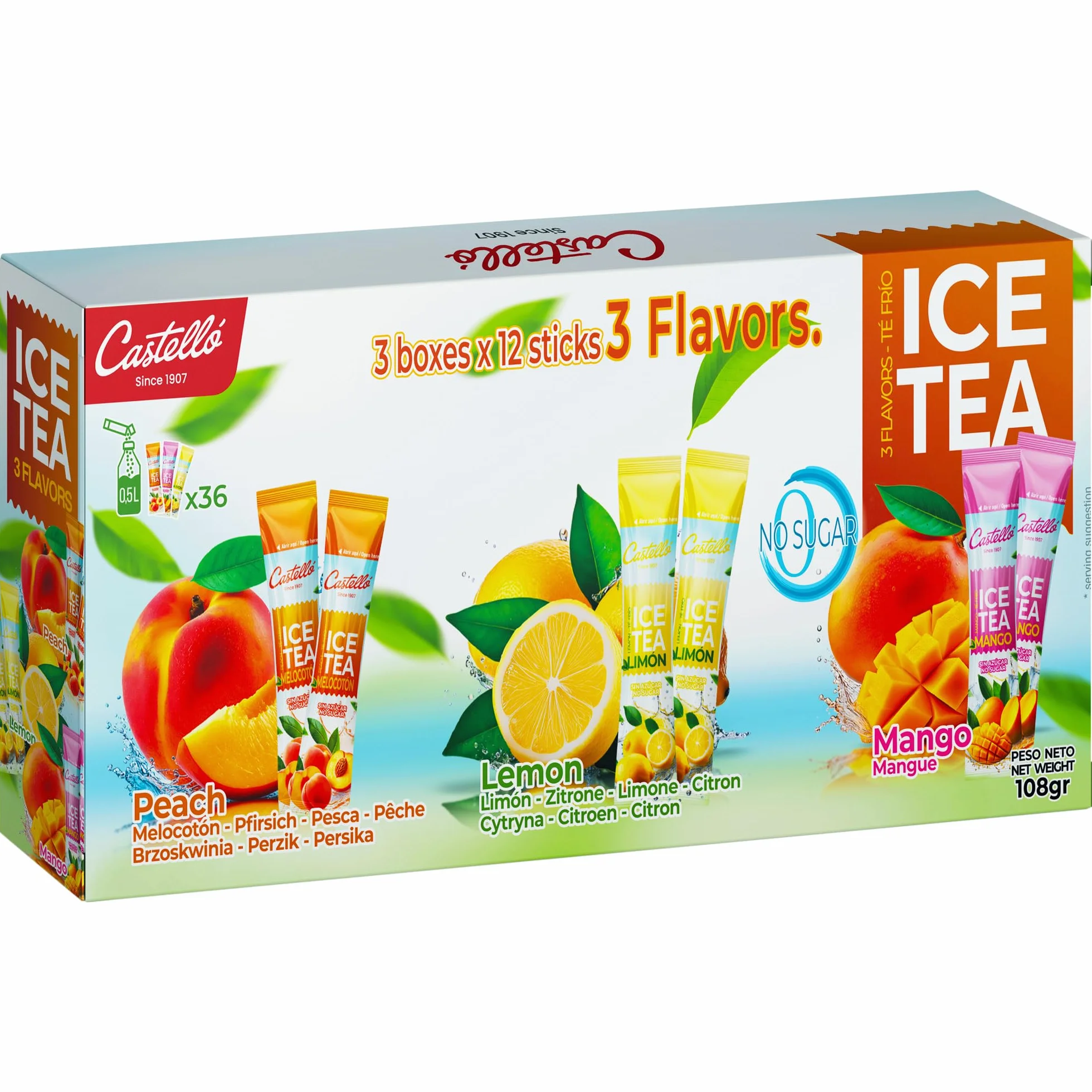 Castello since 1907 Té Frío Zero Instantáneo Multipack 3 Sabores | Melocotón, Limón y Mango - Ice Tea - Iced Tea - Total 36 Sobres - Cero Calorías, Sin Azúcares, Sin Aspartamo