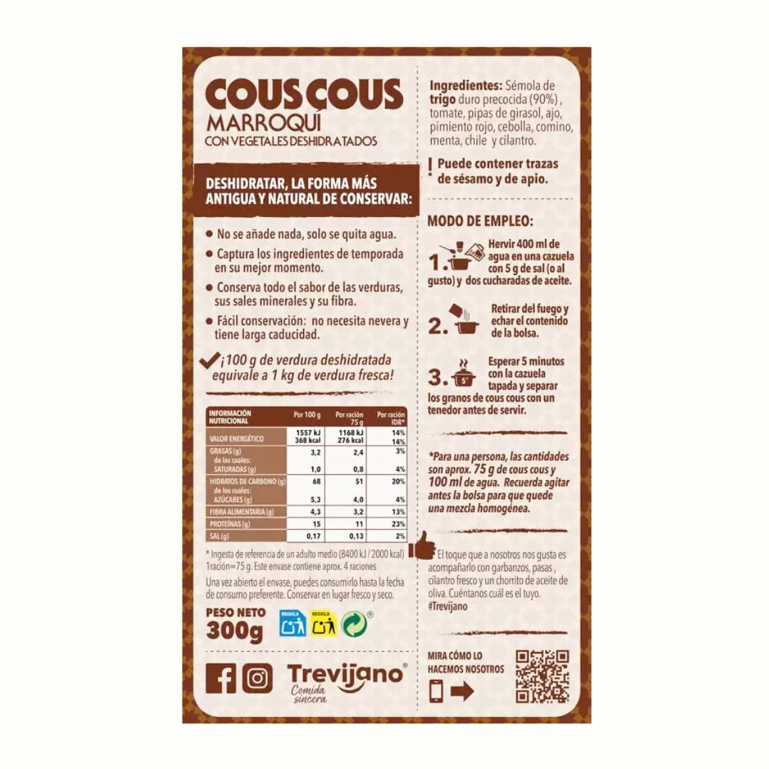 Cous Cous Trevijano - Pack de 7 Bolsas (300 g cada una) - Vegano - No Requiere Refrigeración - Larga Vida Útil - Listo en 5 minutos