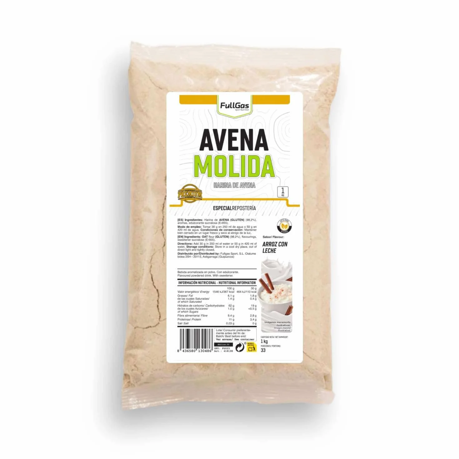 FullGas Avena Molida (Harina de Avena) | Arroz con Leche | 1kg | En Polvo, Soluble y Fácil de Digerir | Lista para Tomar sin Cocinar | Sin Azúcares Añadidos | Sin Lactosa y 100% Vegana