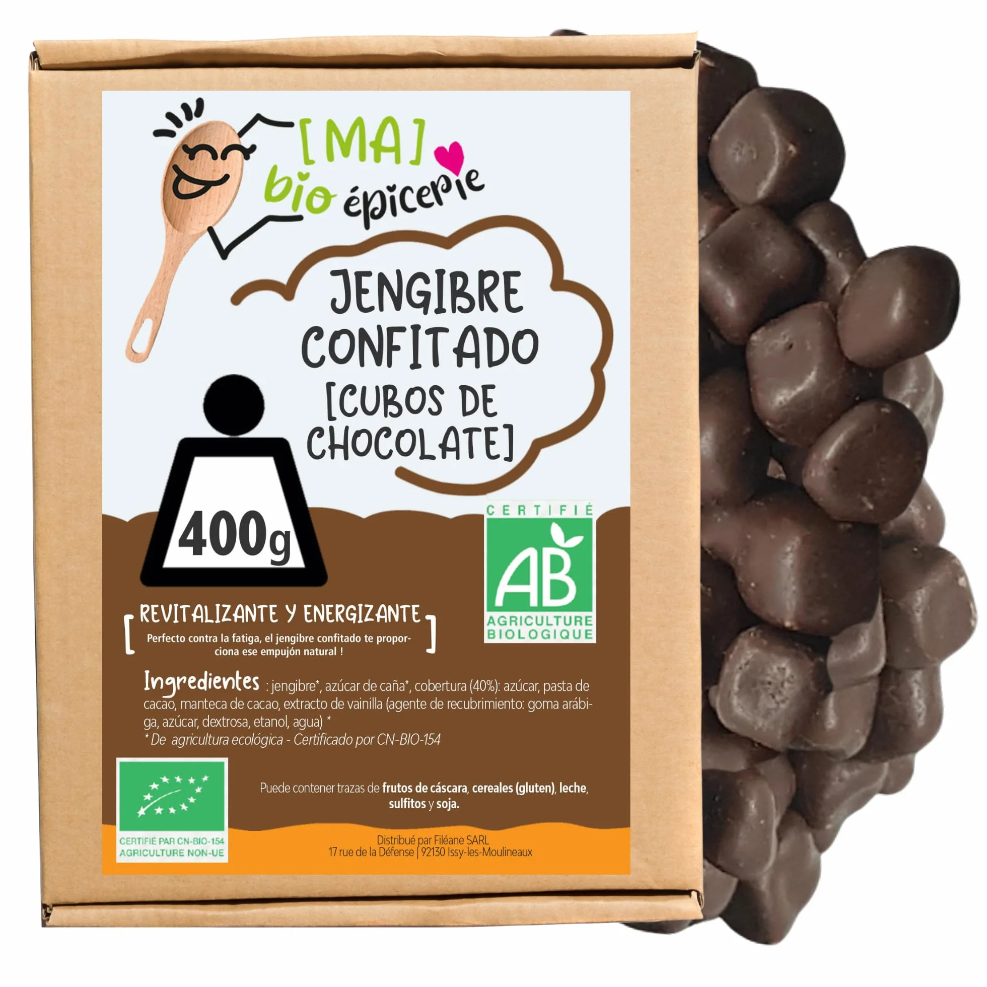 MA bio-épicerie - Jengibre Confitado Ecológico Cubierto de Chocolate Negro Eco 400 g - Jengibre Deshidratado a Granel sin Conservantes con Chocolate