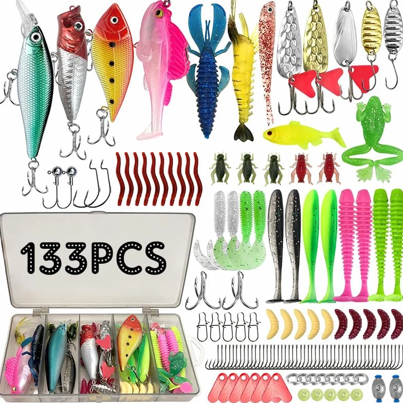 Kit de Señuelos de Pesca 133 Piezas, Set de Cebos Artificiales con Caja, Señuelos para Spinning, Río y Mar