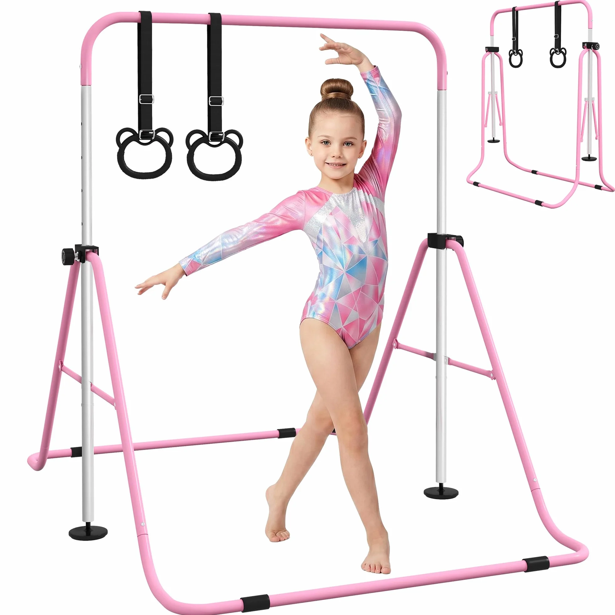 HOMCOM Barra de Gimnasia Plegable para Niños con Altura Ajustable 5 Niveles y Anillos