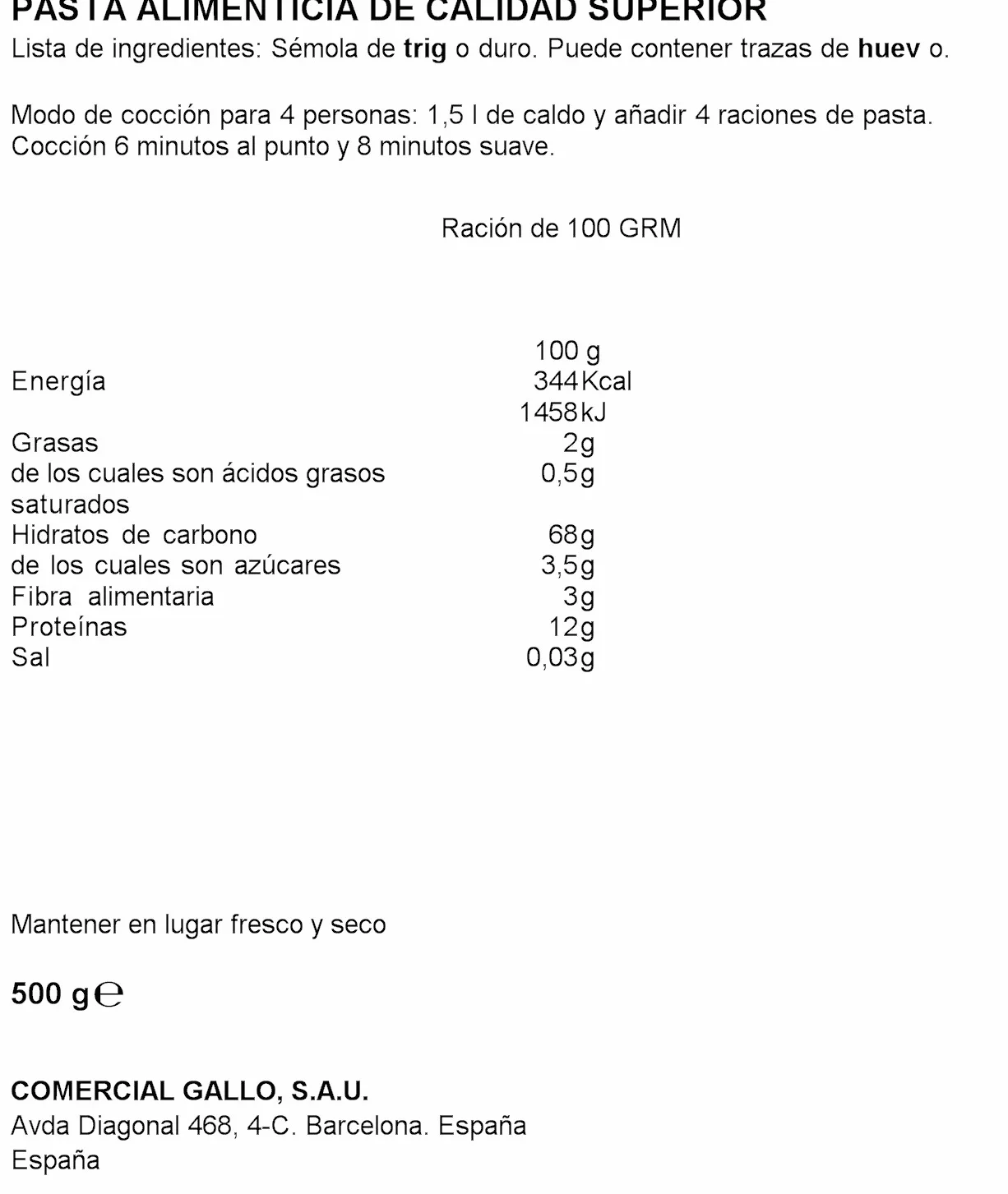 Pasta seca Gallo fideo 500gr., 1 unidad - , Pack de 6